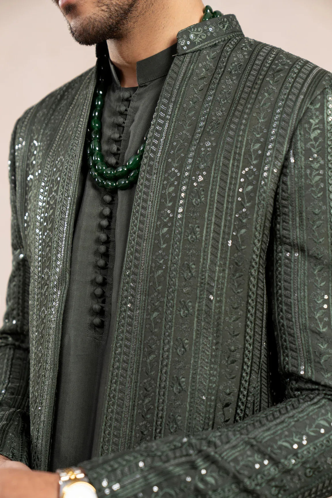 Olive Green Falling Embroidered Open Prince Coat - Men - Muraqsh -- Wedding Wear
