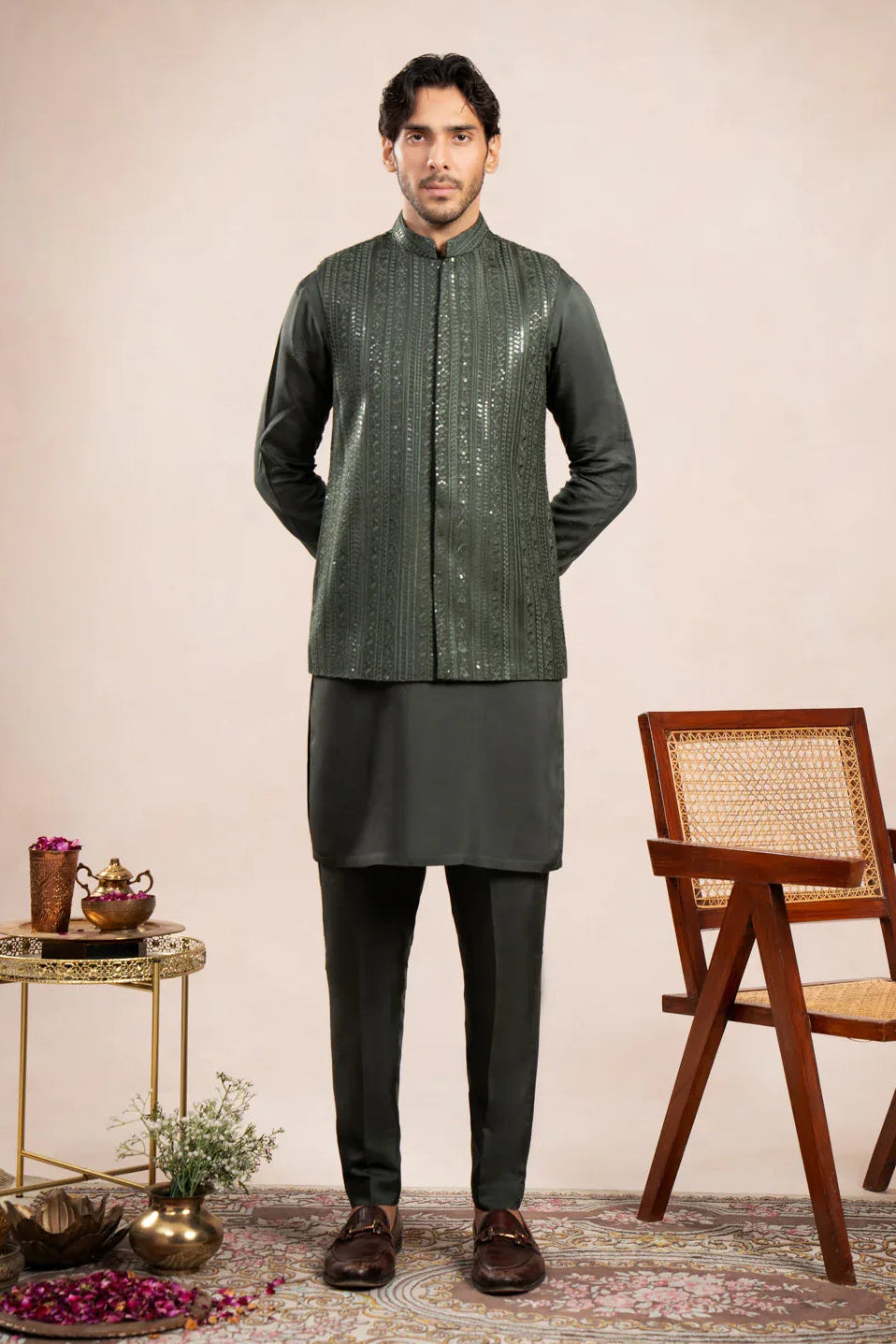 Olive Green Kurta Trouser with Falling Embroidered Waistcoat - 3PC - Men - Muraqsh -- Wedding Wear