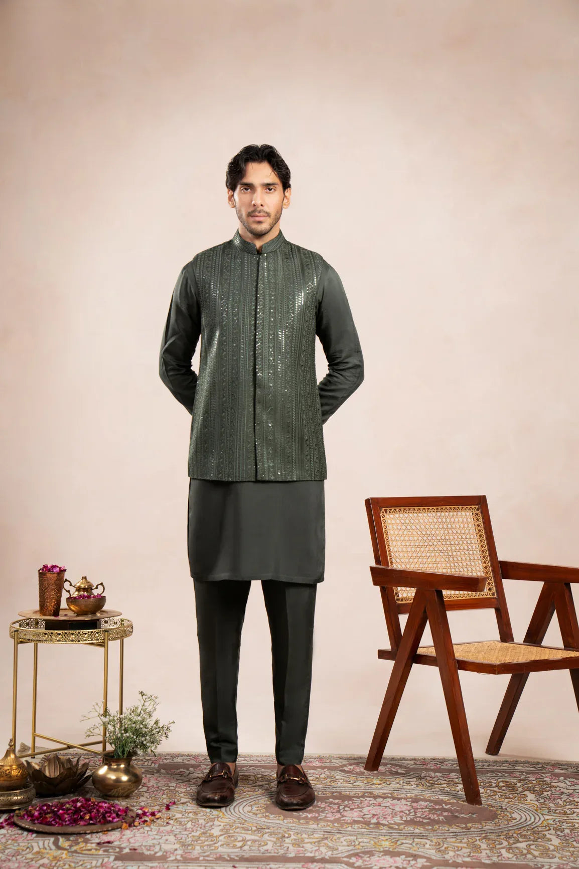 Olive Green Falling Embroidered Waistcoat - Men - Muraqsh -- Wedding Wear