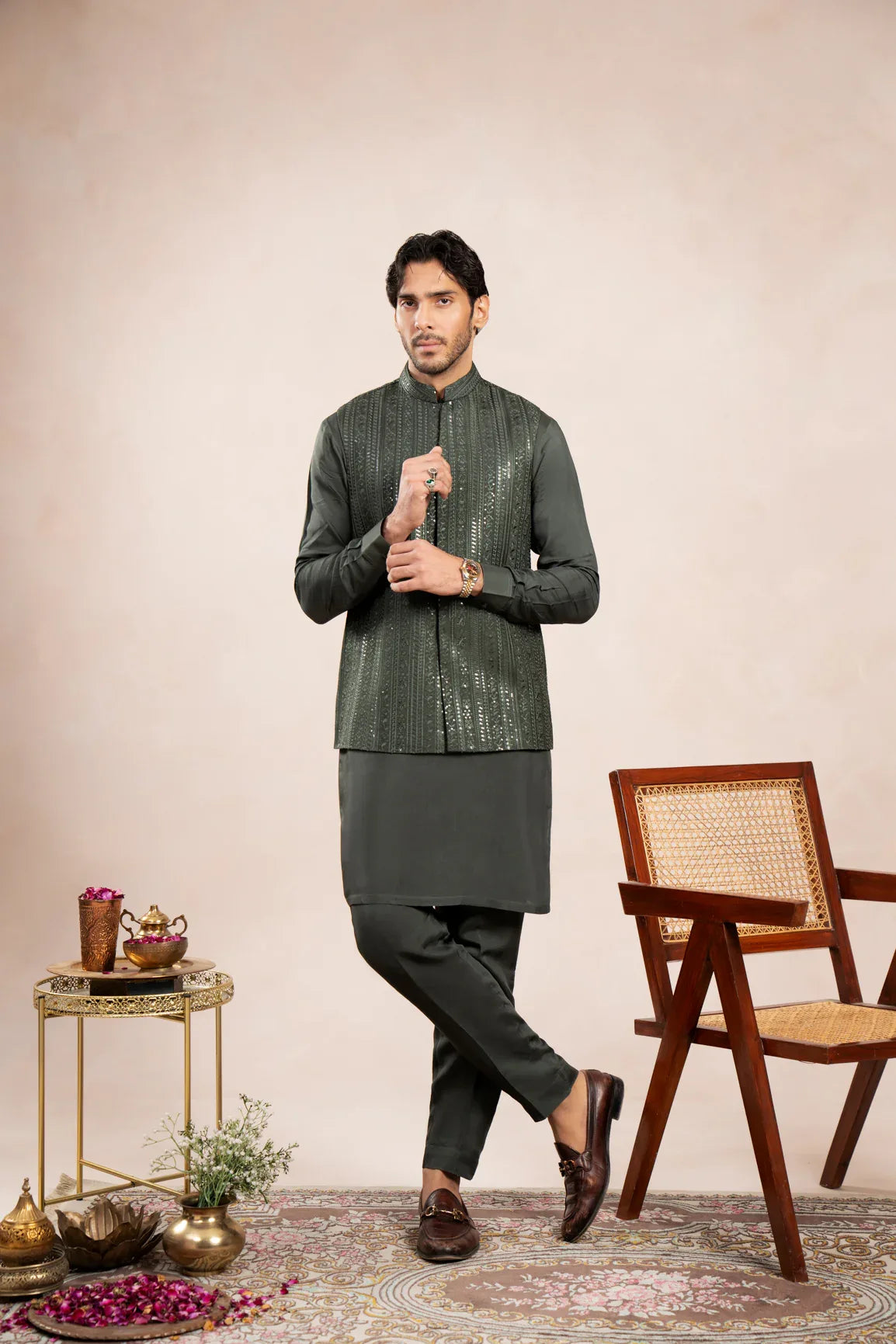 Olive Green Kurta Trouser with Falling Embroidered Waistcoat - 3PC - Men - Muraqsh -- Wedding Wear