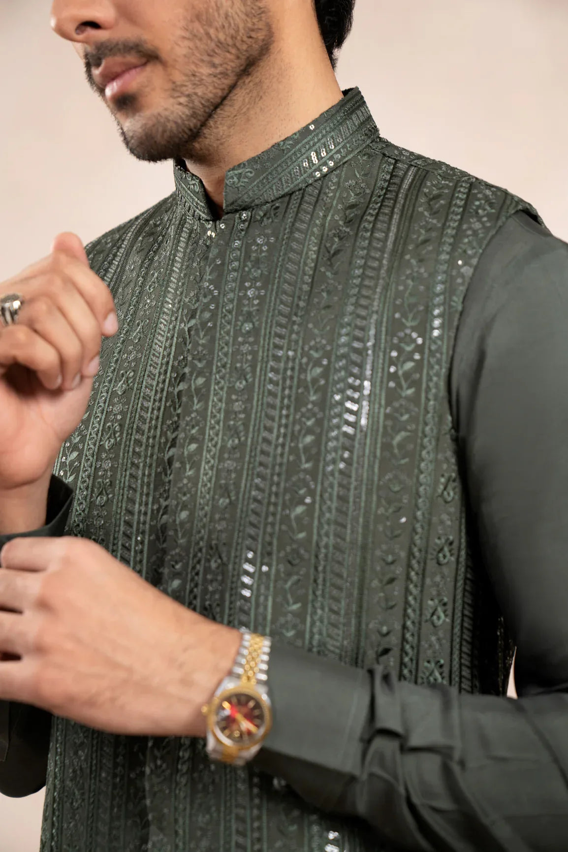 Olive Green Kurta Trouser with Falling Embroidered Waistcoat - 3PC - Men - Muraqsh -- Wedding Wear
