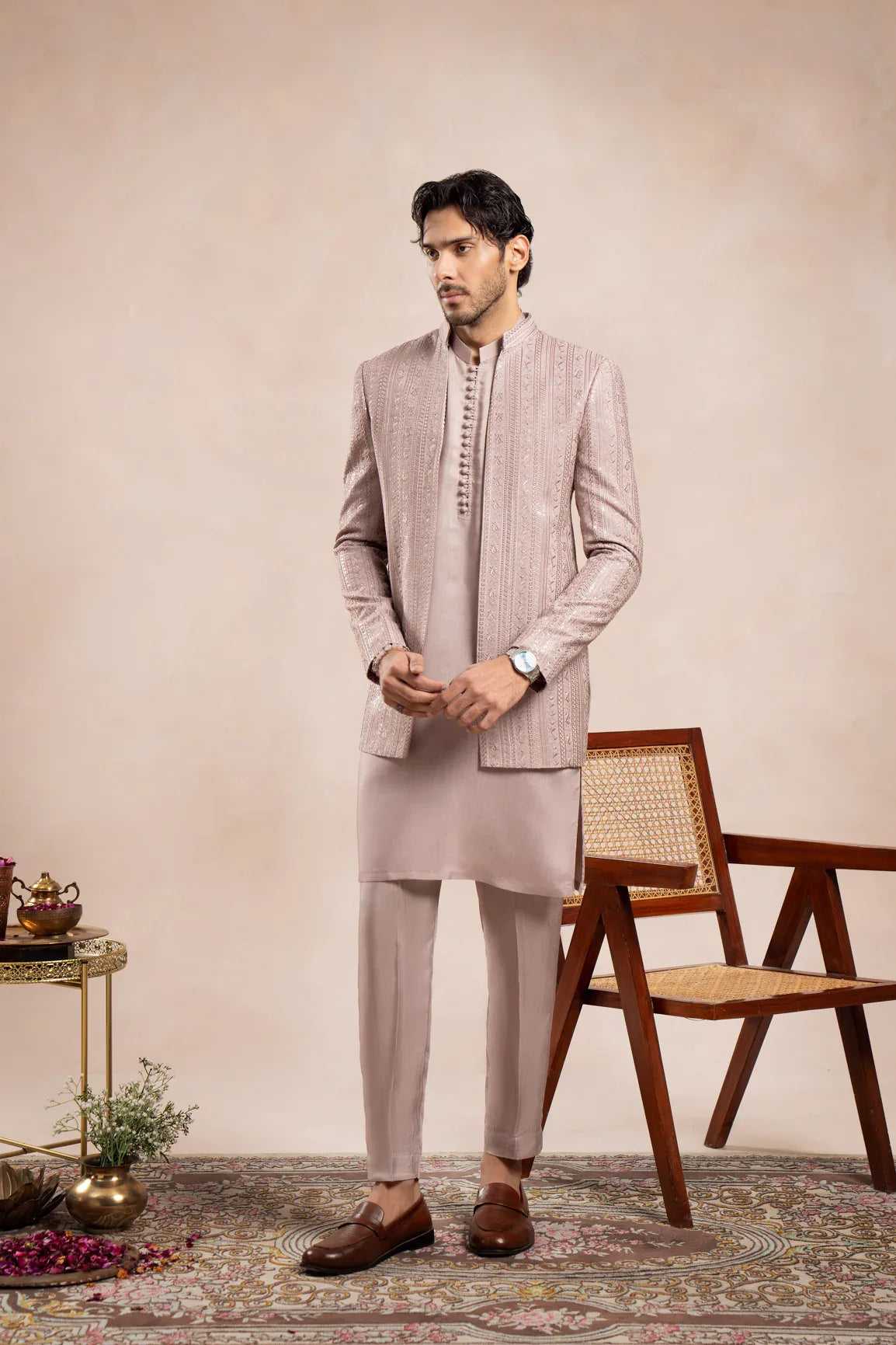 Pink Falling Embroidered Open Prince Coat - Men - Muraqsh -- Wedding Wear
