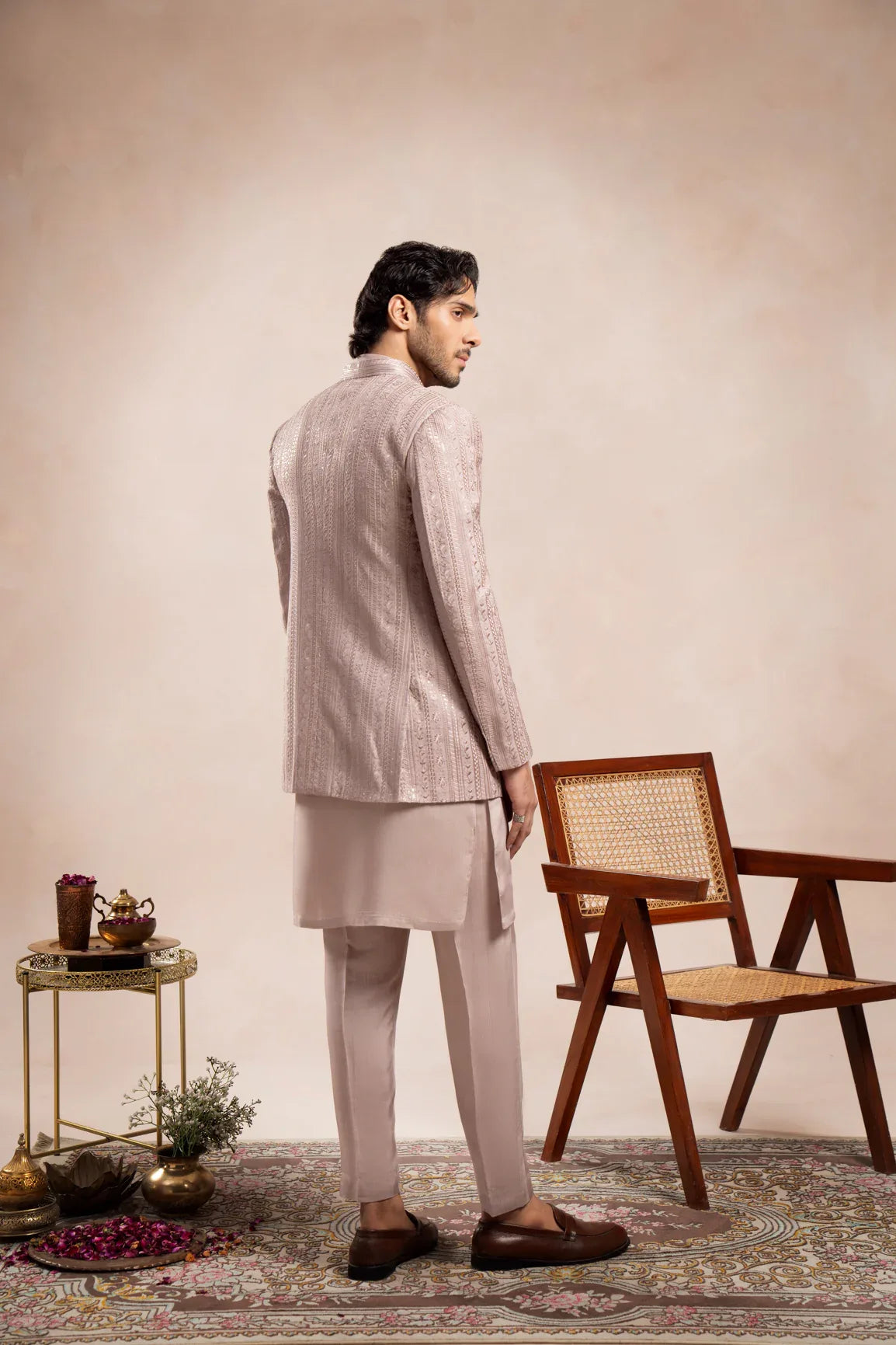 Pink Loop Kurta Trouser with Falling Embroidered Open Prince Coat - 3PC - Men - Muraqsh -- Wedding Wear