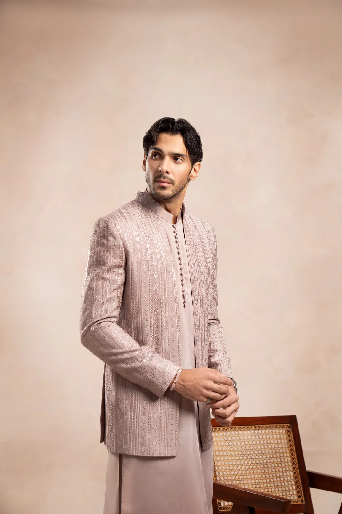 Pink Loop Kurta Trouser with Falling Embroidered Open Prince Coat - 3PC - Men - Muraqsh -- Wedding Wear