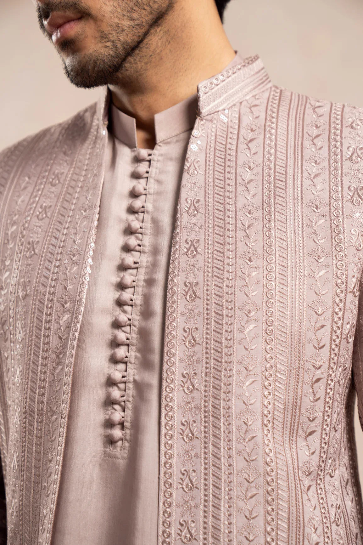 Pink Loop Kurta Trouser with Falling Embroidered Open Prince Coat - 3PC - Men - Muraqsh -- Wedding Wear