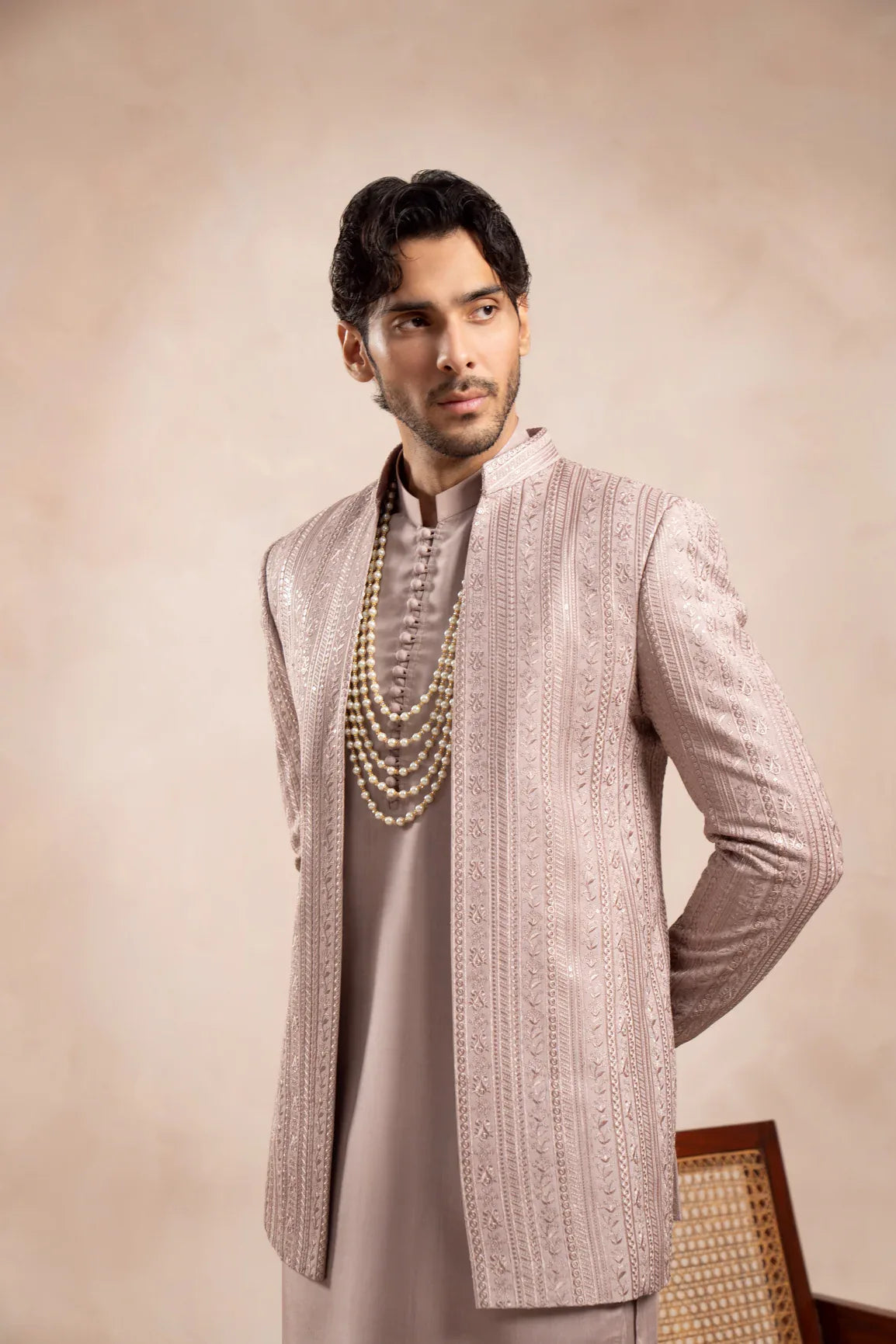 Pink Falling Embroidered Open Prince Coat - Men - Muraqsh -- Wedding Wear
