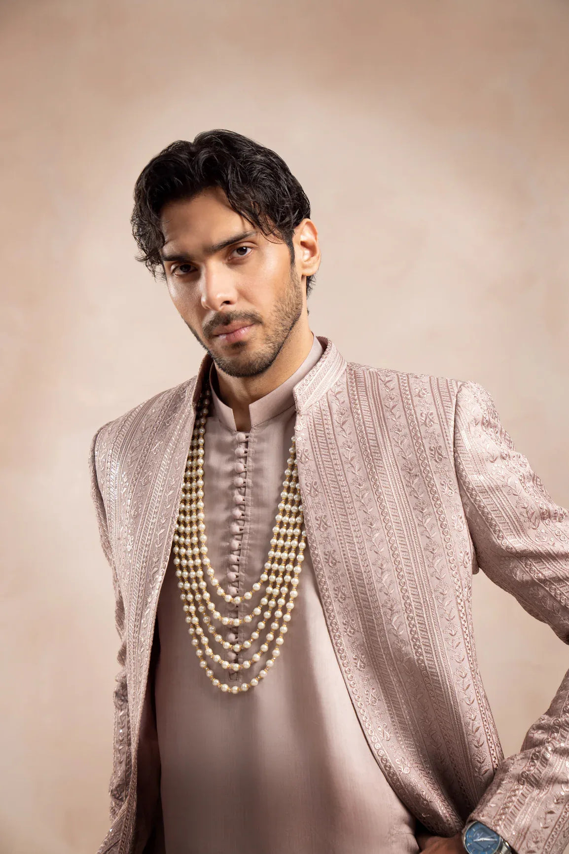 Pink Loop Kurta Trouser with Falling Embroidered Open Prince Coat - 3PC - Men - Muraqsh -- Wedding Wear