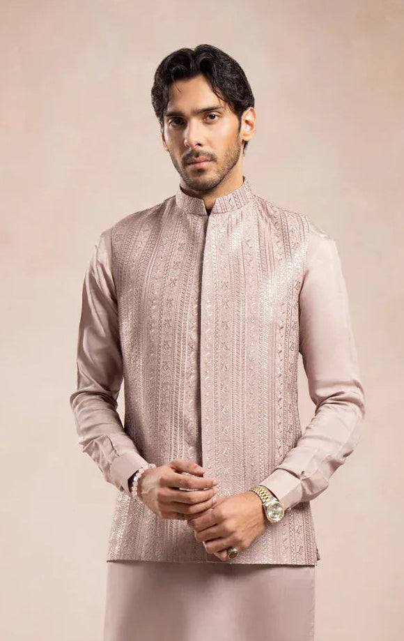 Pink Falling Embroidered Waistcoat - Men - Muraqsh -- Wedding Wear