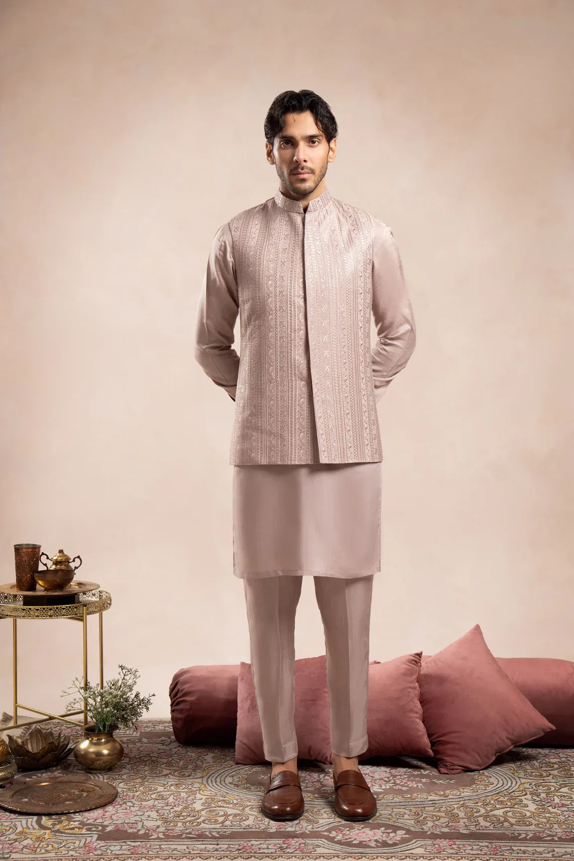 Pink Falling Embroidered Waistcoat - Men - Muraqsh -- Wedding Wear
