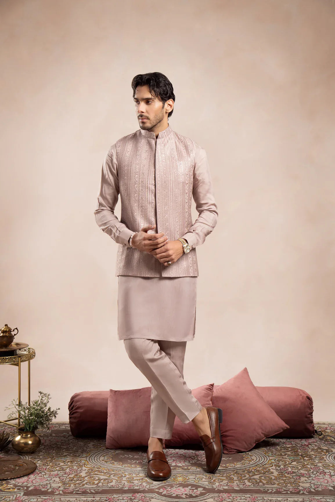 Pink Kurta Trouser Falling Embroidered Waistcoat - 3PC - Men - Muraqsh -- Wedding Wear