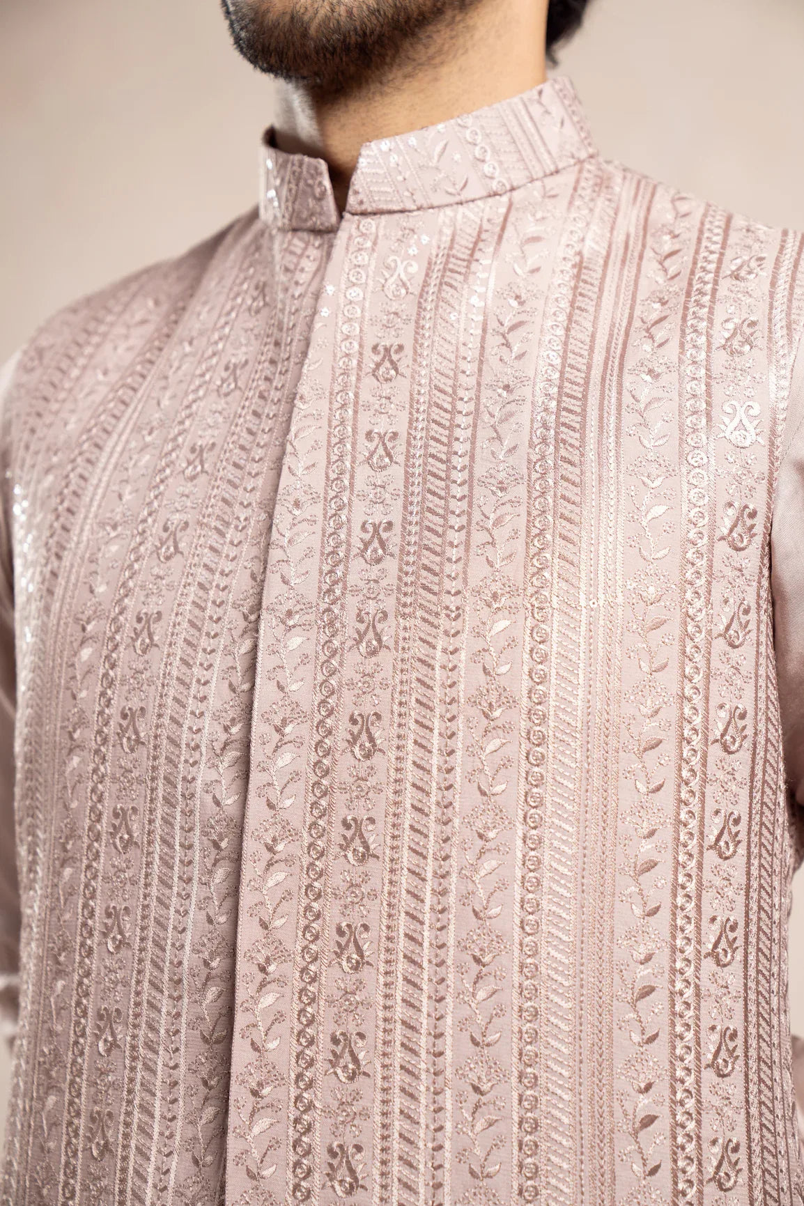 Pink Kurta Trouser Falling Embroidered Waistcoat - 3PC - Men - Muraqsh -- Wedding Wear