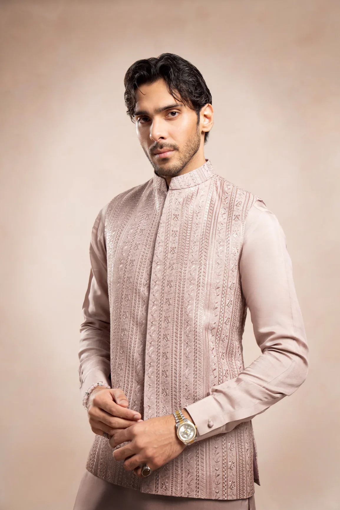 Pink Kurta Trouser Falling Embroidered Waistcoat - 3PC - Men - Muraqsh -- Wedding Wear