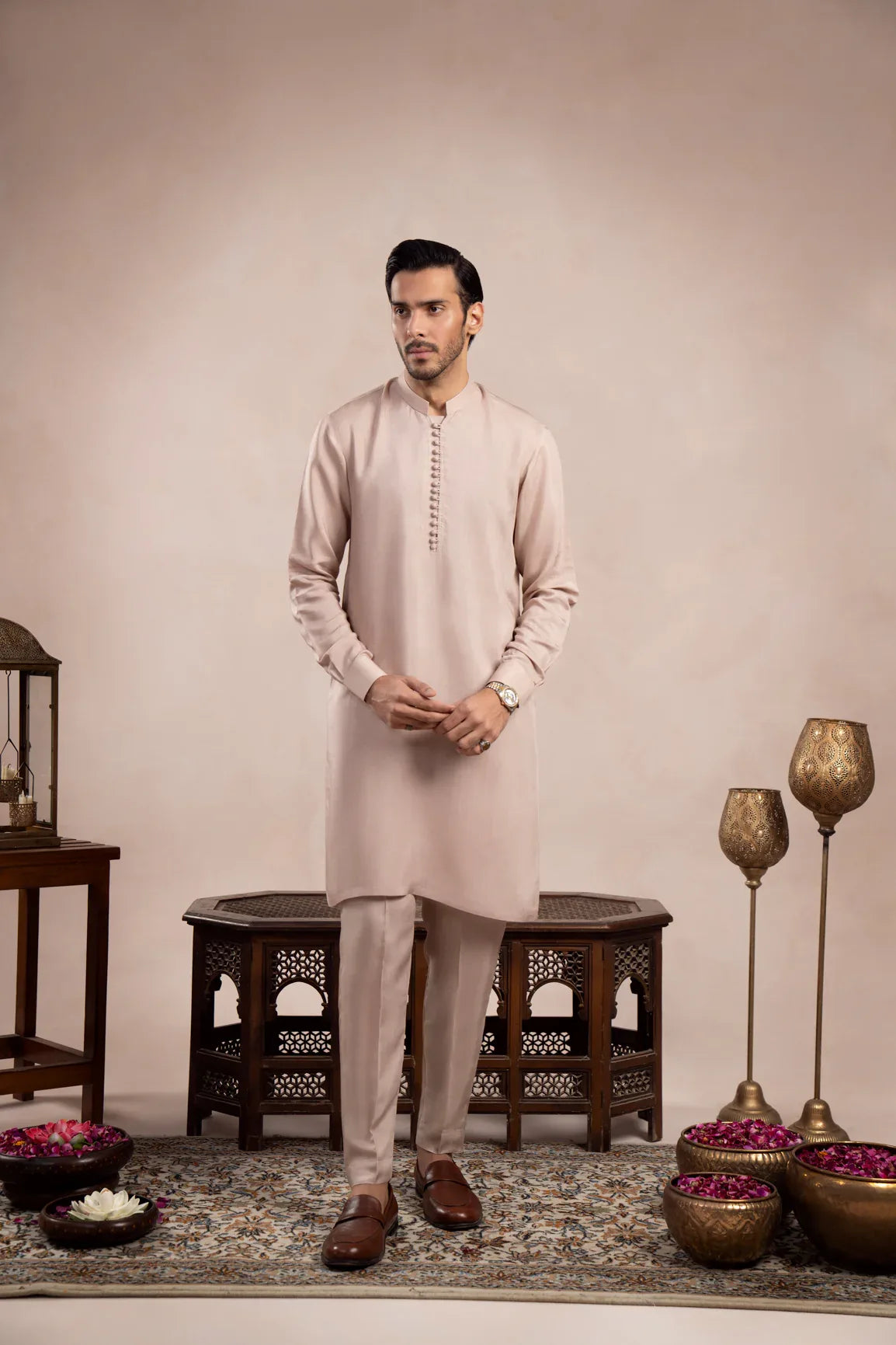 Coffee Beige Viscose Silk Kurta Trouser - Loop Buttons - Men - Muraqsh -- Wedding Wear