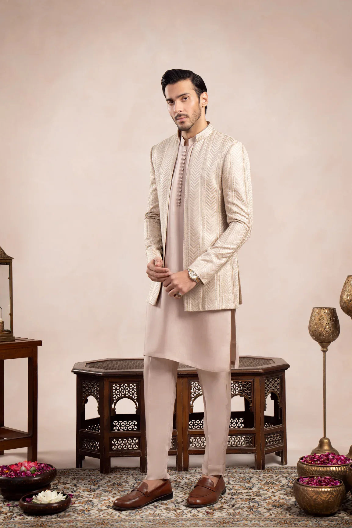 Coffee Beige Arrow Embroidered Open Prince Coat - Men - Muraqsh -- Wedding Wear
