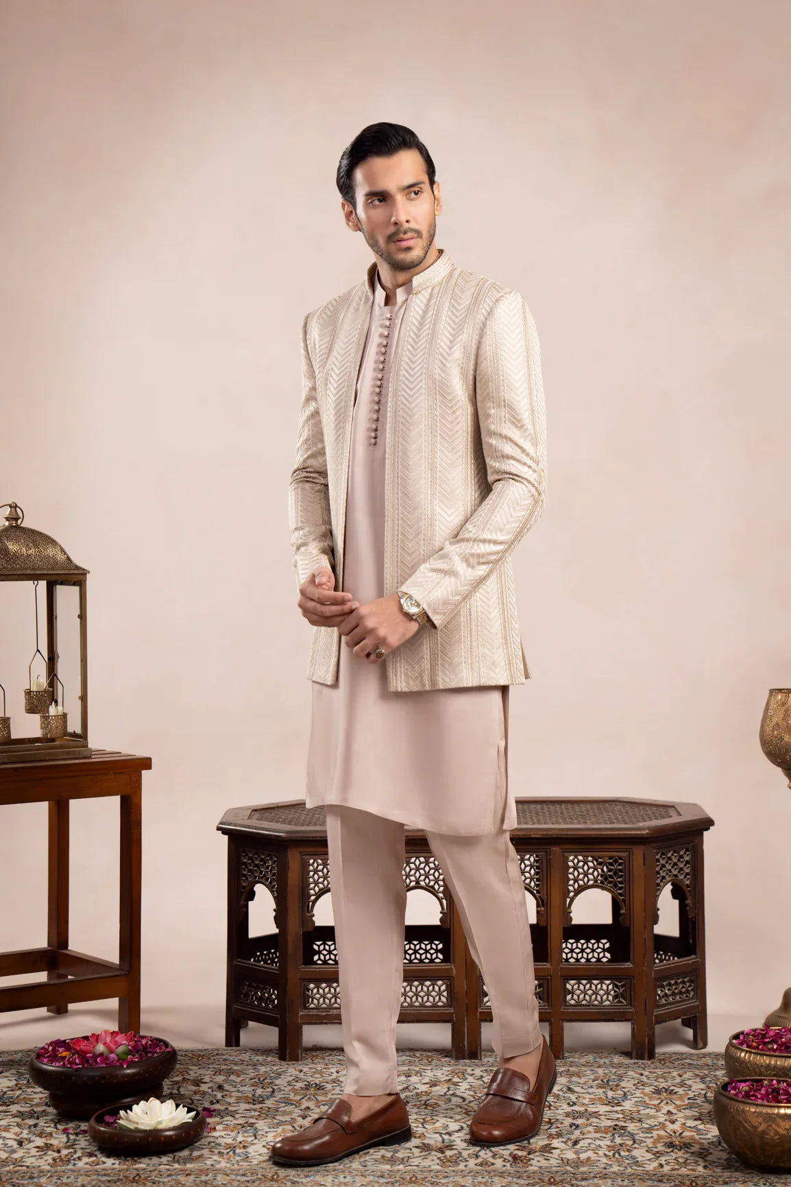 Coffee Beige Arrow Embroidered Open Prince Coat - Men - Muraqsh -- Wedding Wear
