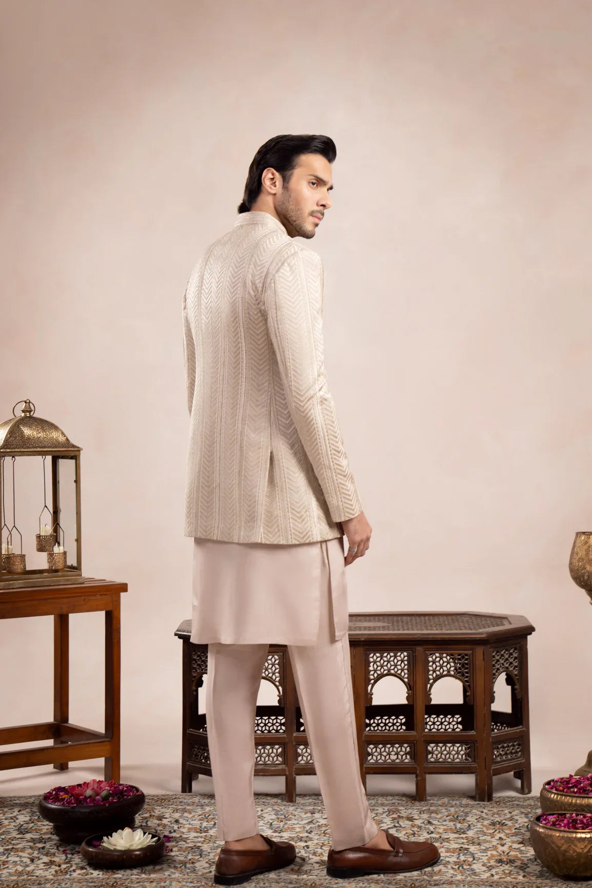 Coffee Beige Arrow Embroidered Open Prince Coat - Men - Muraqsh -- Wedding Wear