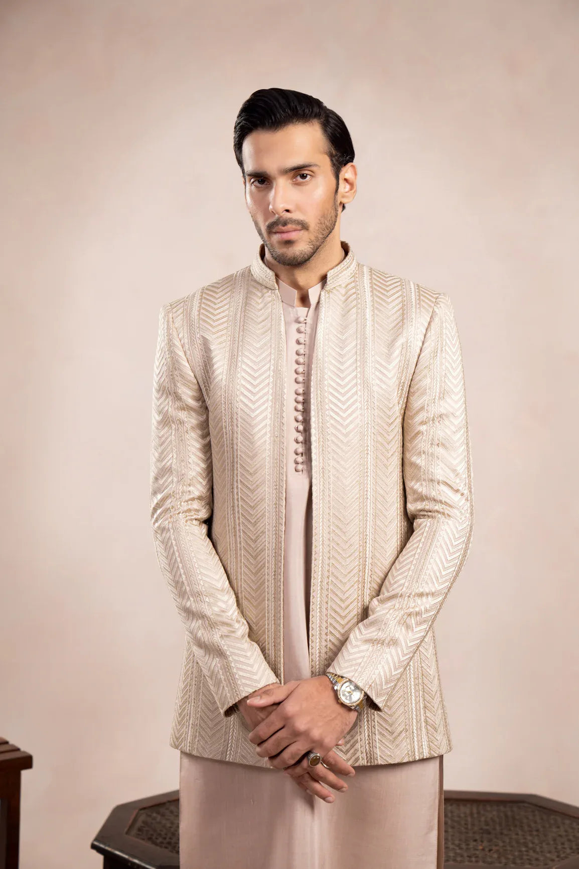 Coffee Beige Arrow Embroidered Open Prince Coat - Men - Muraqsh -- Wedding Wear