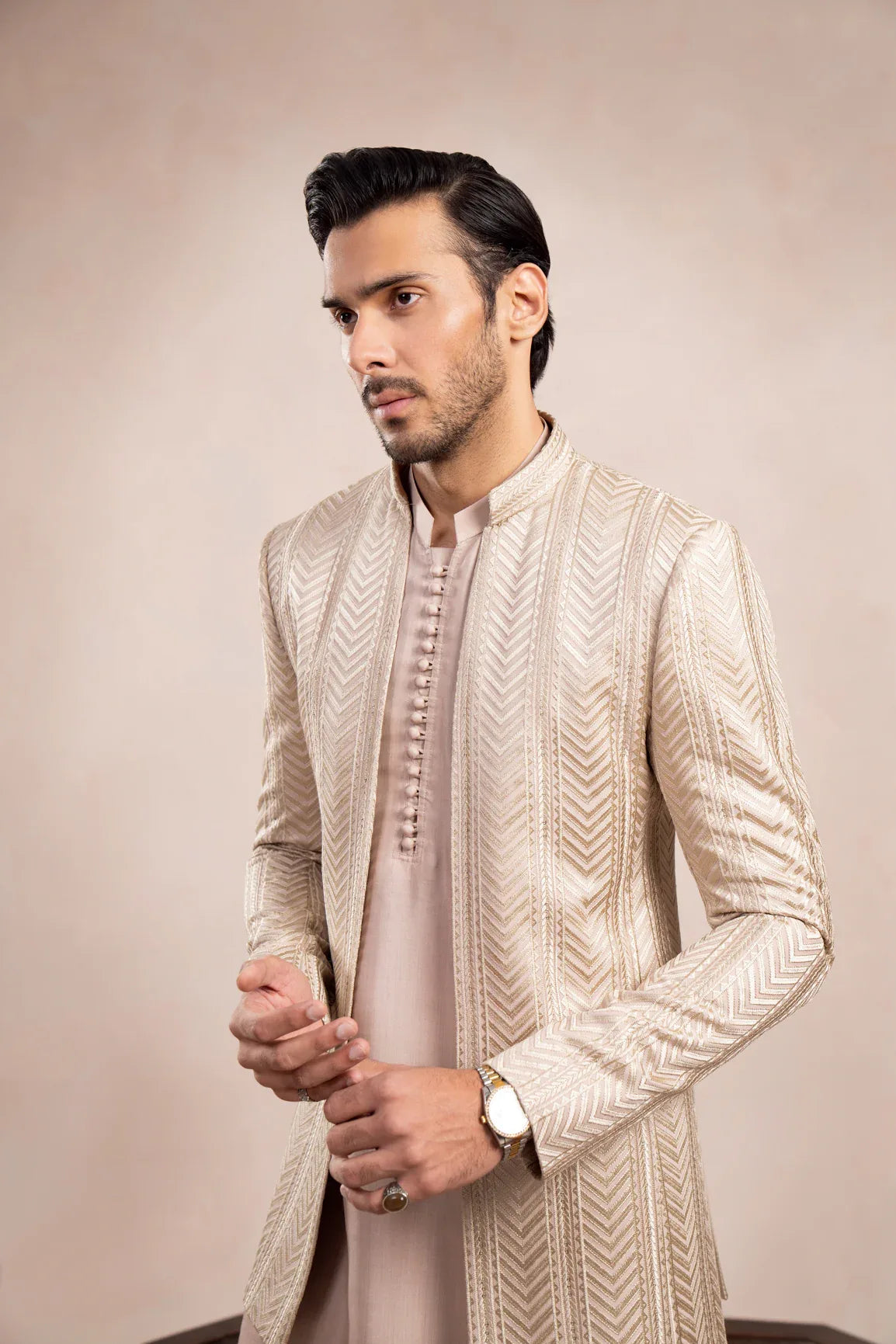 Coffee Beige Arrow Embroidered Open Prince Coat - Men - Muraqsh -- Wedding Wear