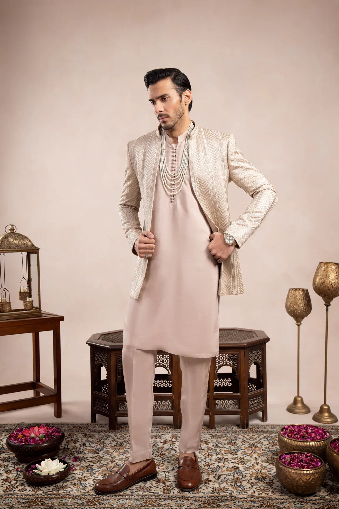Coffee Beige Loop Kurta Trouser with Arrow Embroidered Open Prince Coat - 3PC - Men - Muraqsh -- Wedding Wear