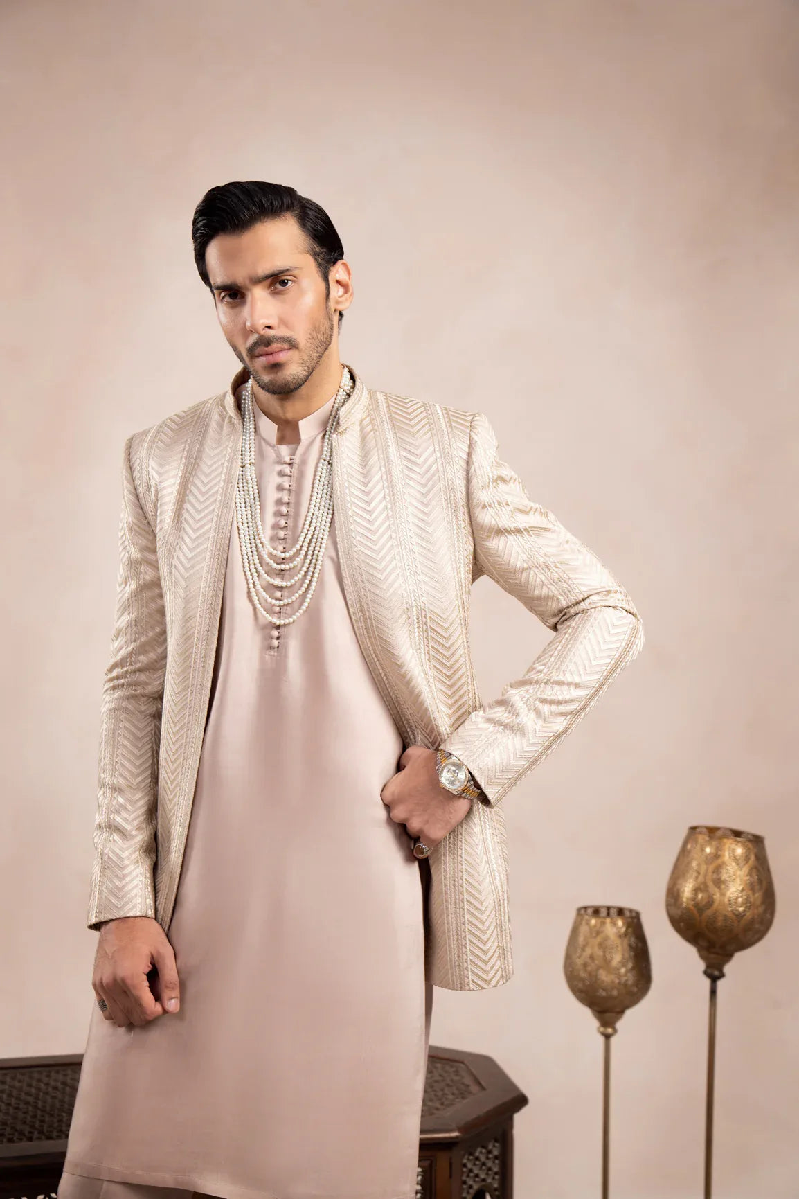 Coffee Beige Arrow Embroidered Open Prince Coat - Men - Muraqsh -- Wedding Wear