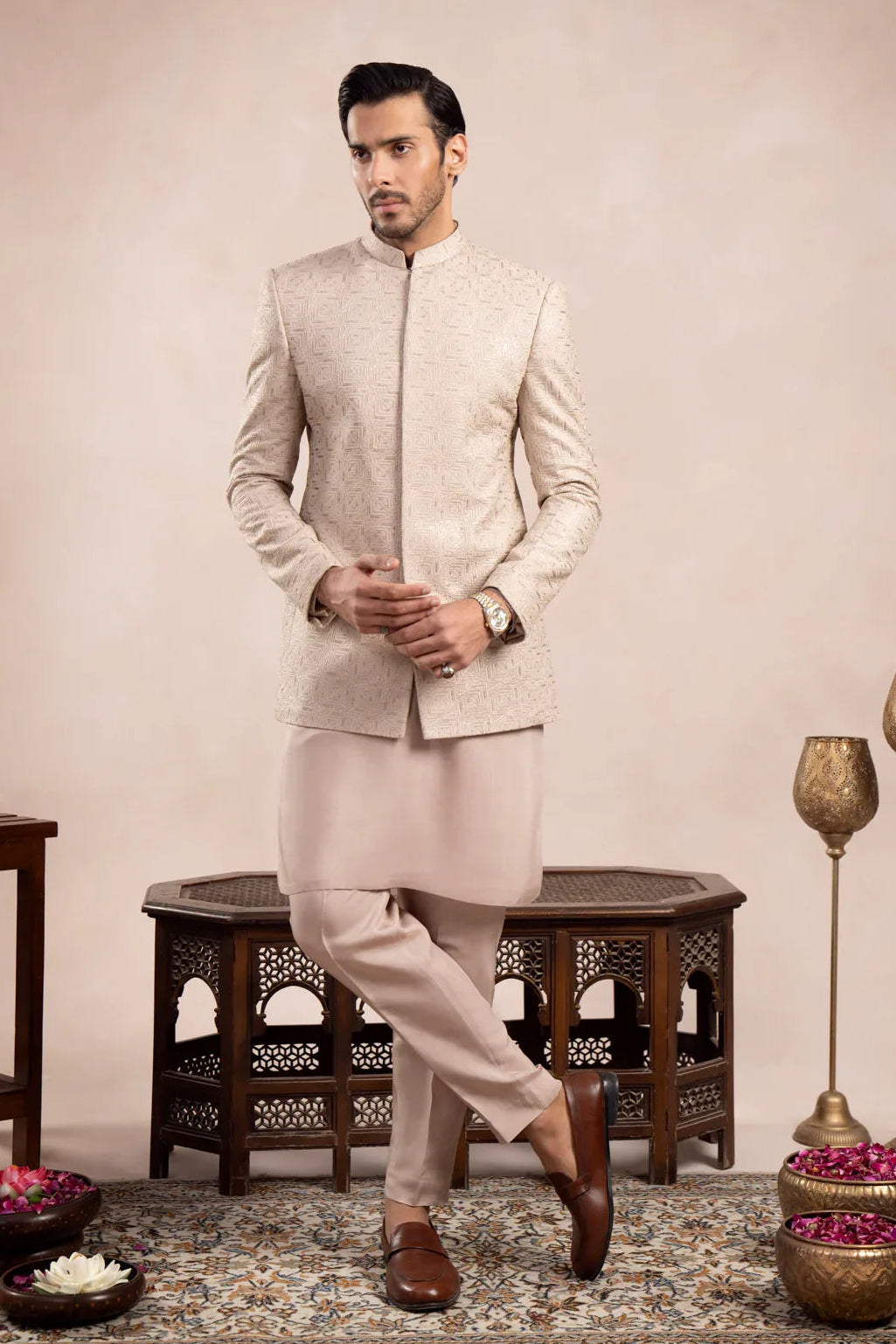 Coffee Beige Kurta Trouser with Square Embroidered Prince Coat - 3PC - Men - Muraqsh -- Wedding Wear