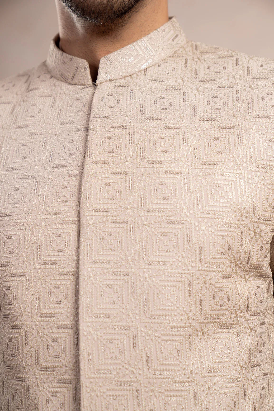 Coffee Beige Kurta Trouser with Square Embroidered Prince Coat - 3PC - Men - Muraqsh -- Wedding Wear