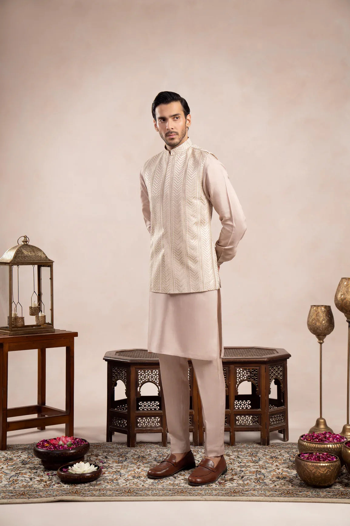 Coffee Beige Arrow Embroidered Waistcoat - Men - Muraqsh -- Wedding Wear