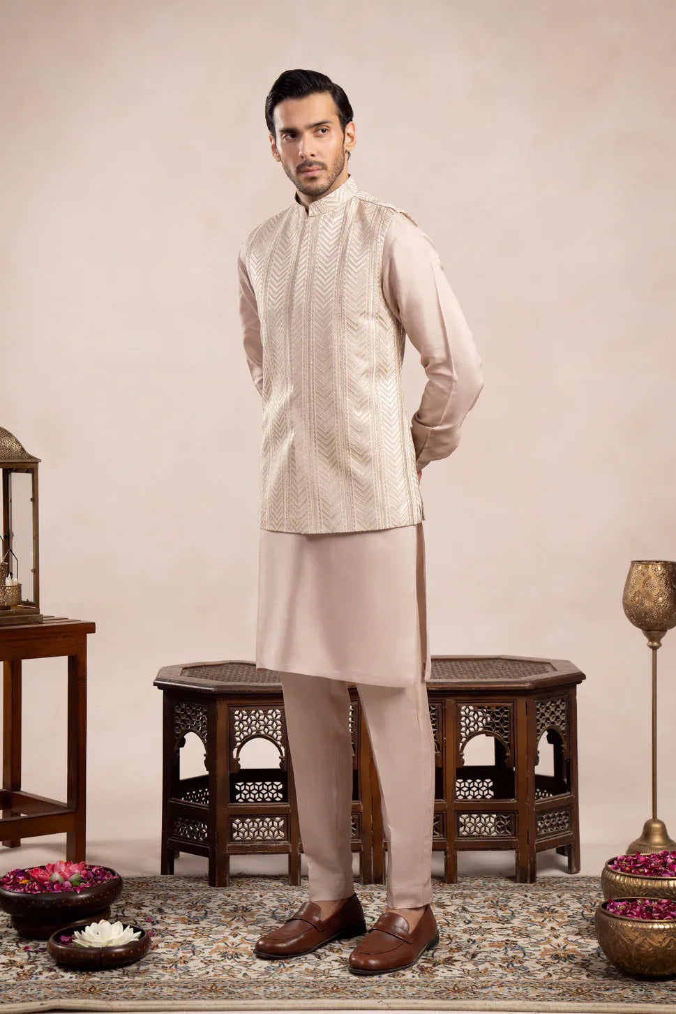 Coffee Beige Kurta Trouser with Arrow Embroidered Waistcoat - 3PC - Men - Muraqsh -- Wedding Wear