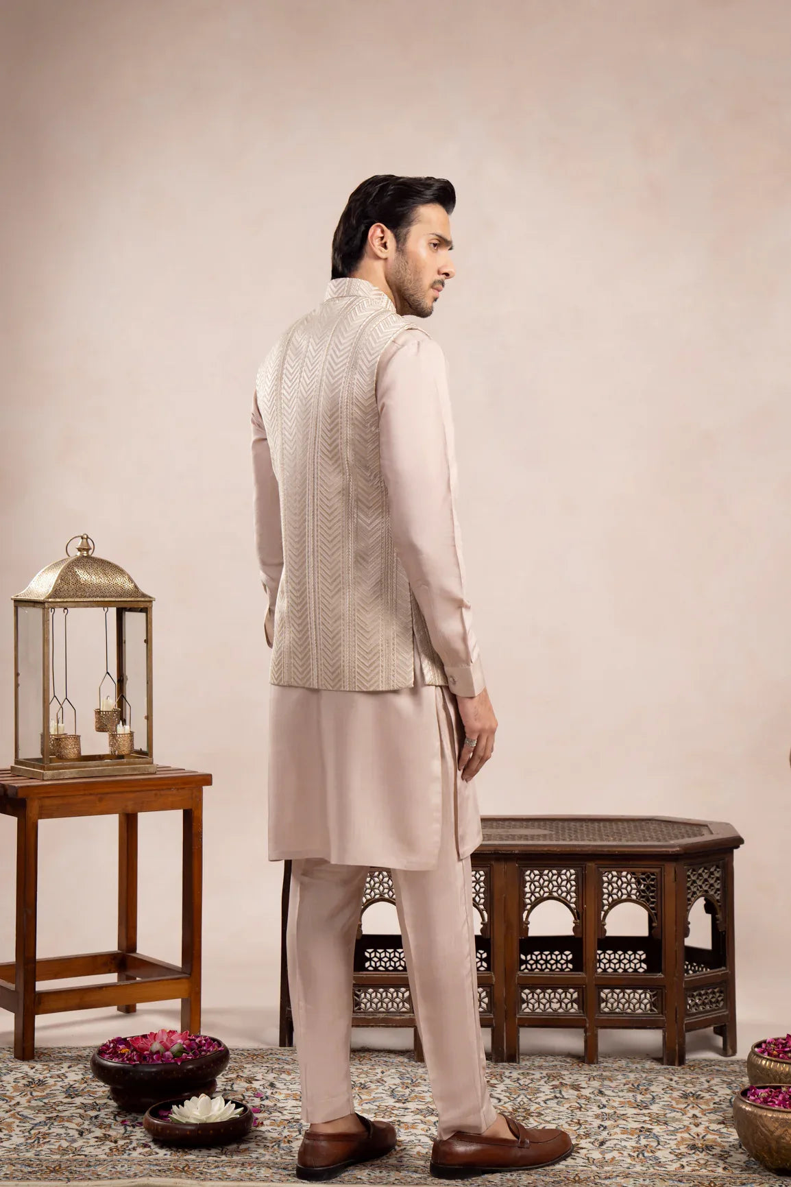 Coffee Beige Kurta Trouser with Arrow Embroidered Waistcoat - 3PC - Men - Muraqsh -- Wedding Wear