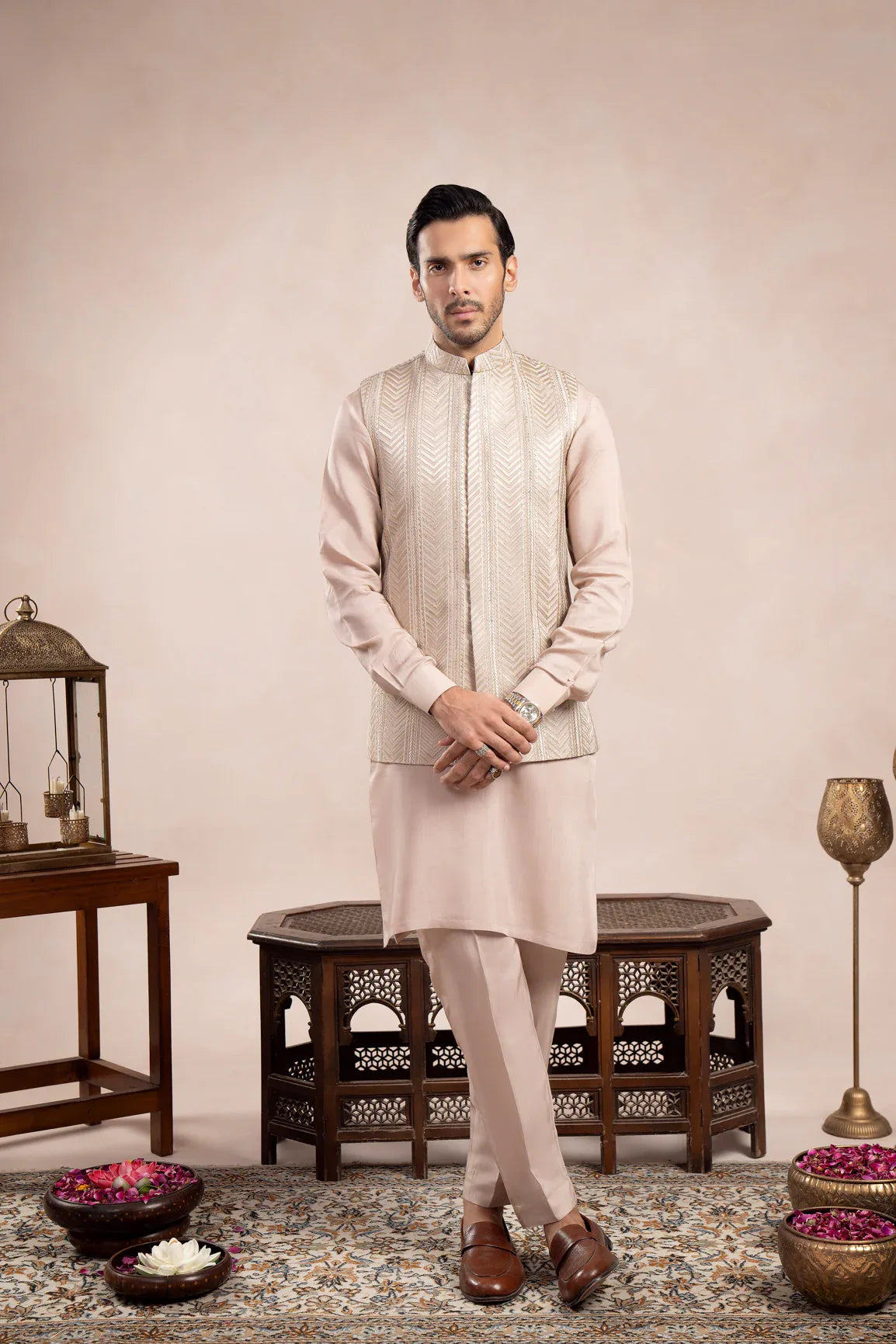 Coffee Beige Arrow Embroidered Waistcoat - Men - Muraqsh -- Wedding Wear