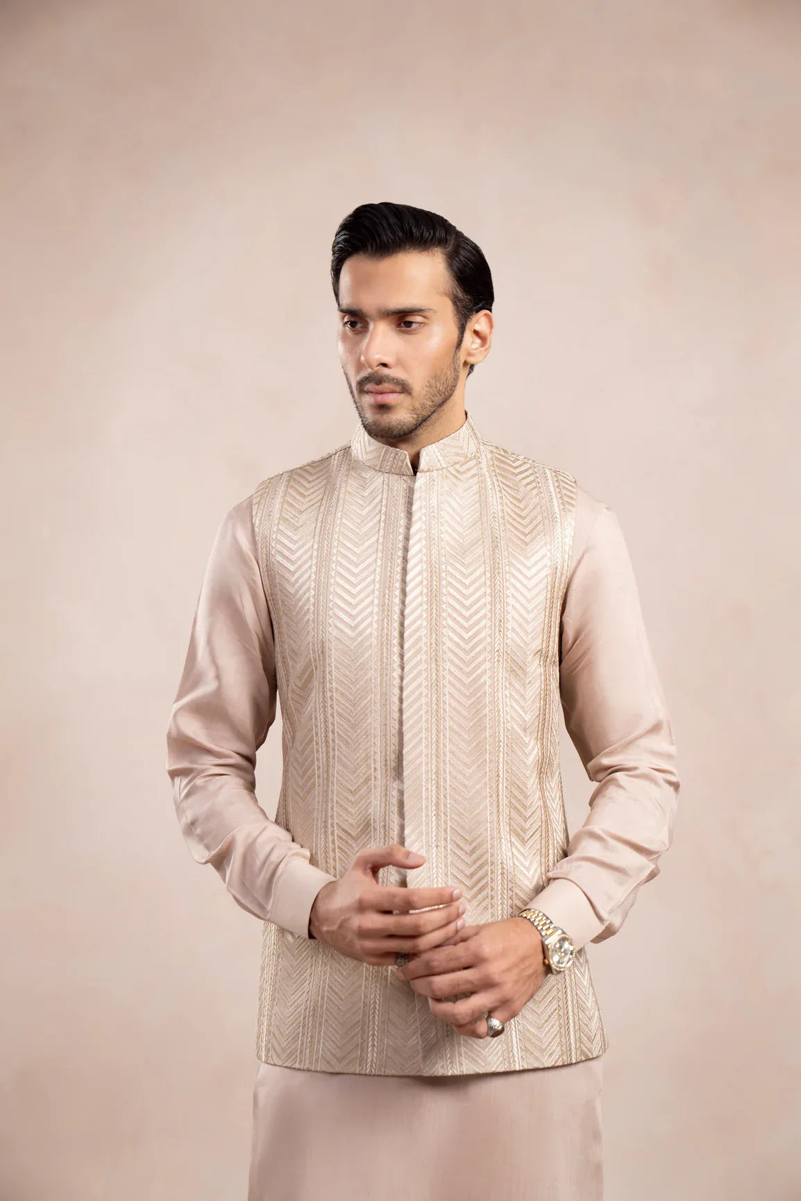 Coffee Beige Kurta Trouser with Arrow Embroidered Waistcoat - 3PC - Men - Muraqsh -- Wedding Wear