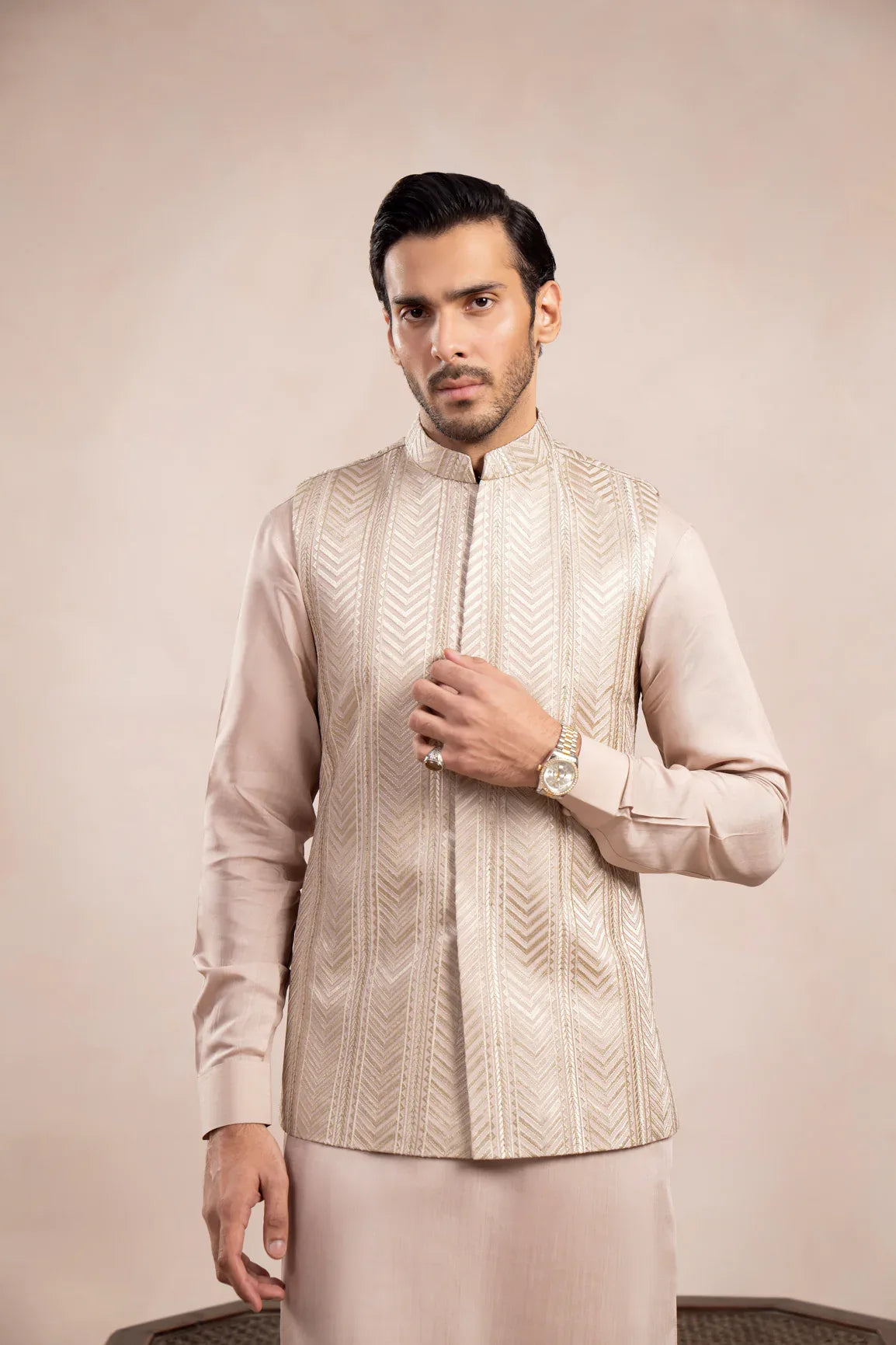 Coffee Beige Arrow Embroidered Waistcoat - Men - Muraqsh -- Wedding Wear