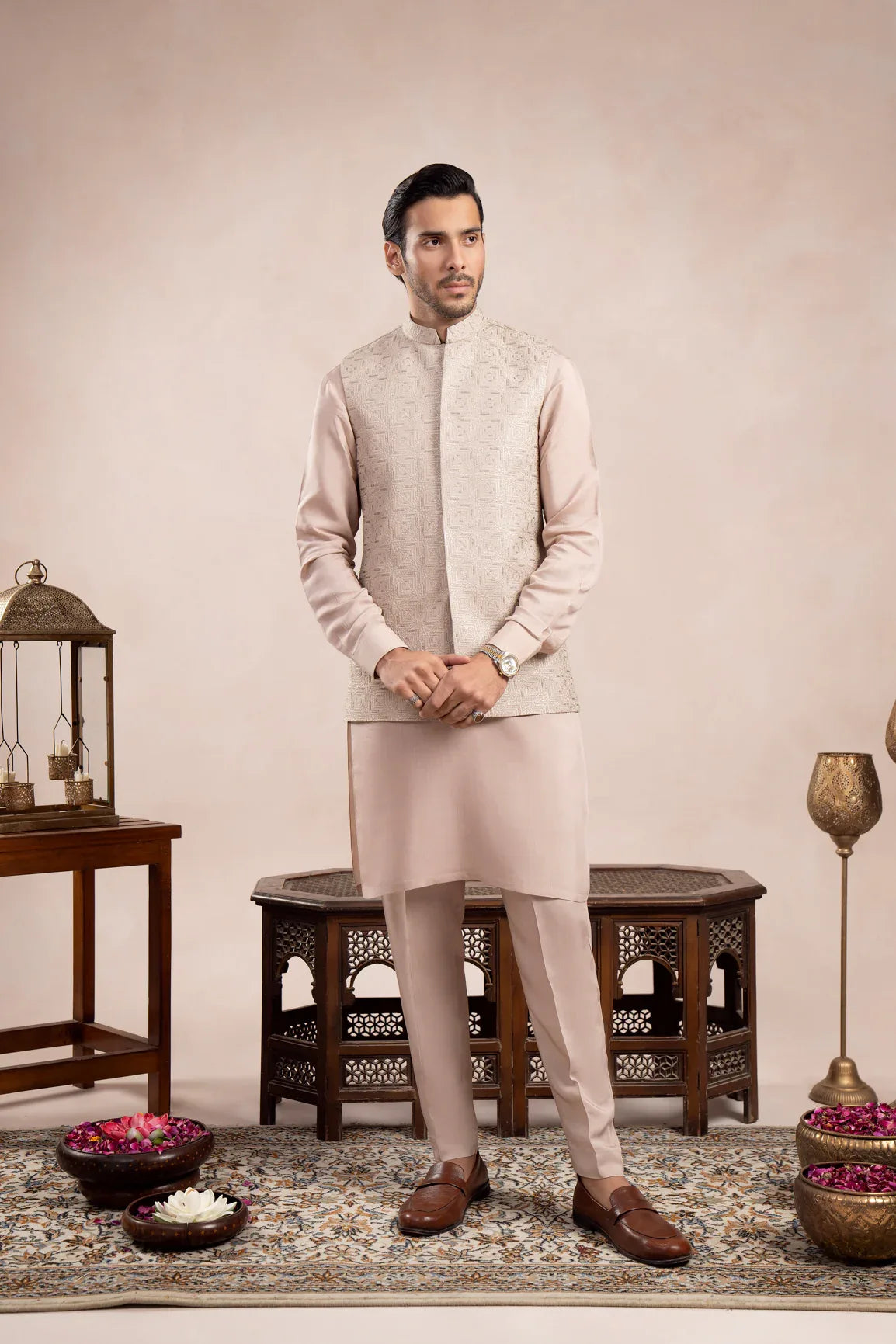 Coffee Beige Square Embroidered Waistcoat - Men - Muraqsh -- Wedding Wear