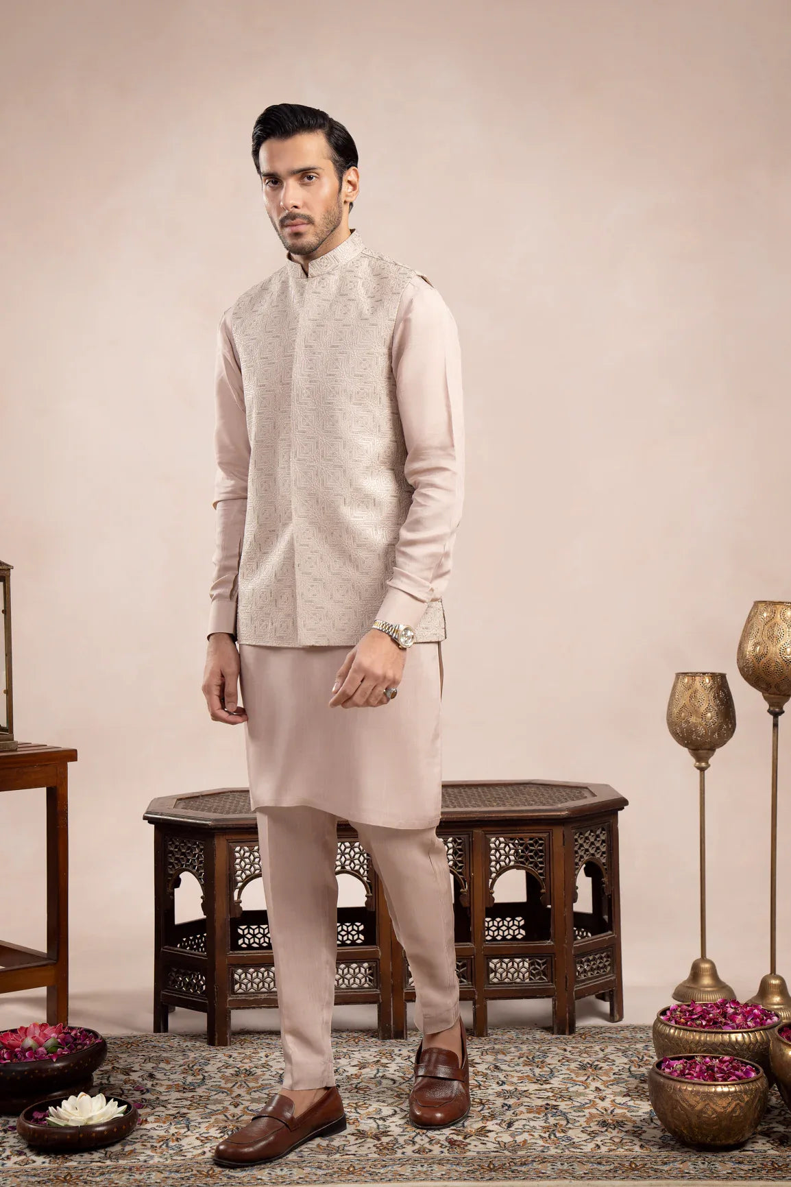 Coffee Beige Square Embroidered Waistcoat - Men - Muraqsh -- Wedding Wear