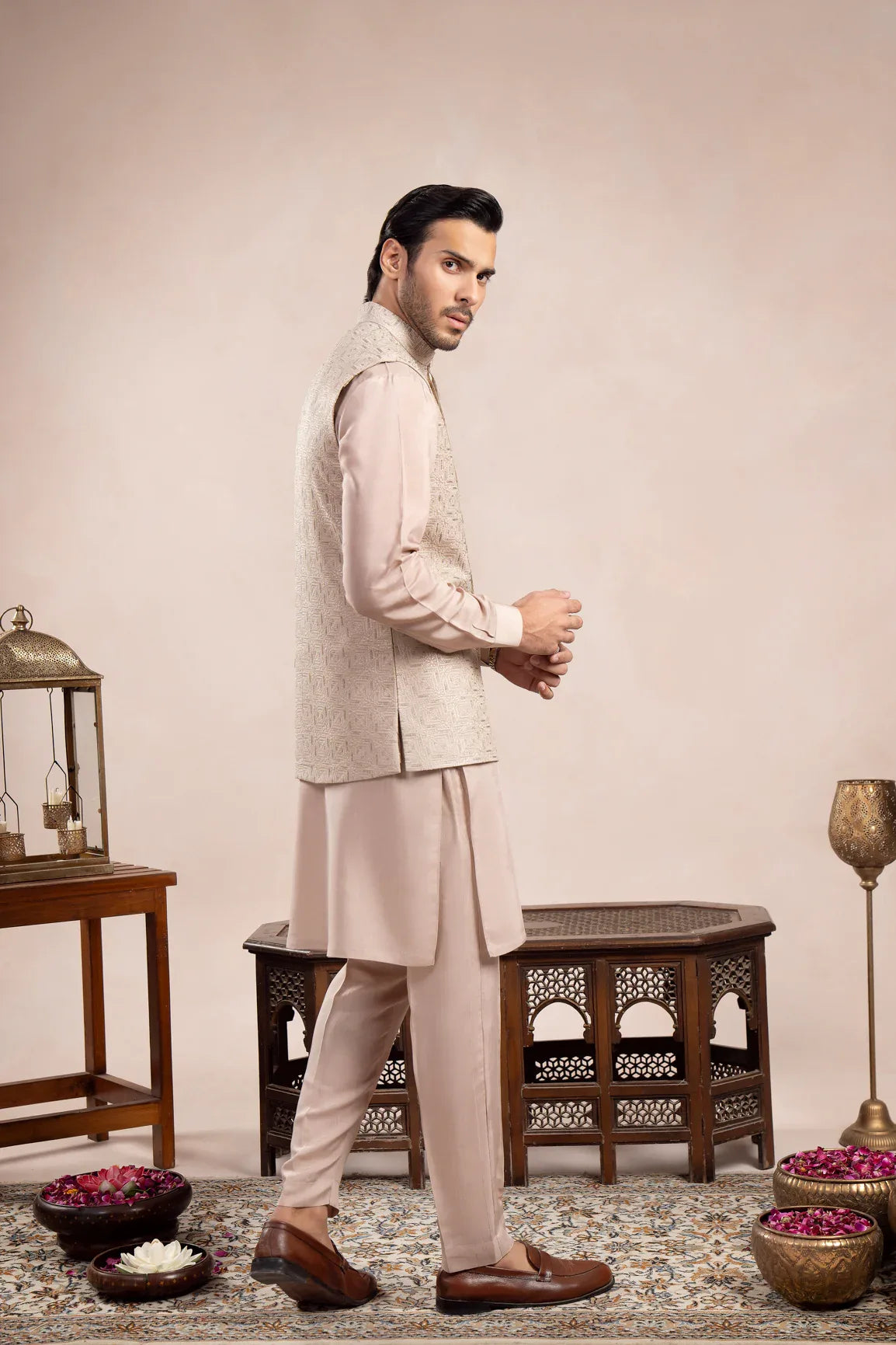 Coffee Beige Square Embroidered Waistcoat - Men - Muraqsh -- Wedding Wear