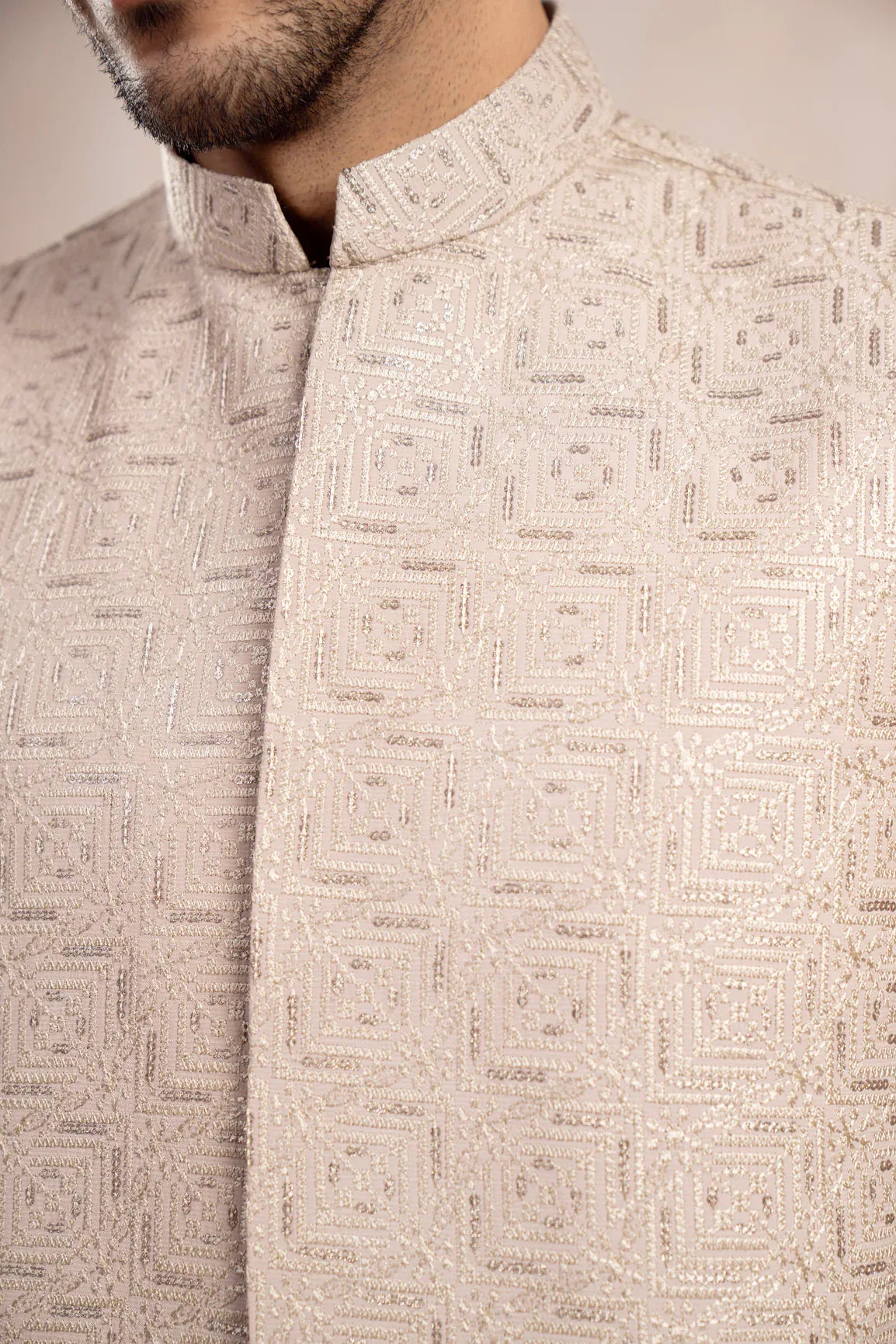 Coffee Beige Kurta Trouser with Square Embroidered Waistcoat - 3PC - Men - Muraqsh -- Wedding Wear