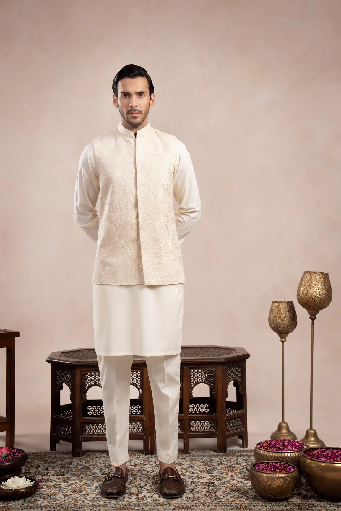 Bosky White Cross Stitched Embroidered Waistcoat - Men - Muraqsh -- Wedding Wear