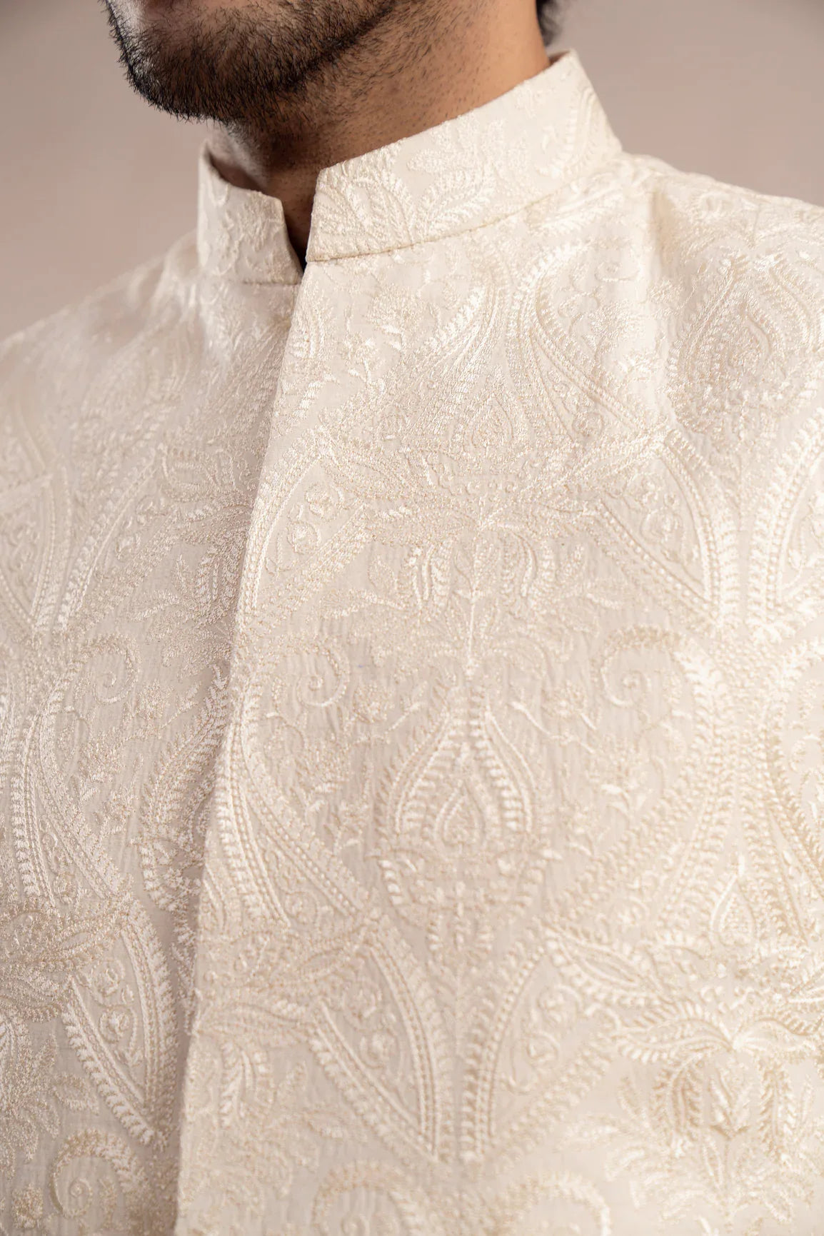 Bosky White Kurta Trouser with Cross Stitched Embroidered Waistcoat - 3PC - Men - Muraqsh -- Wedding Wear