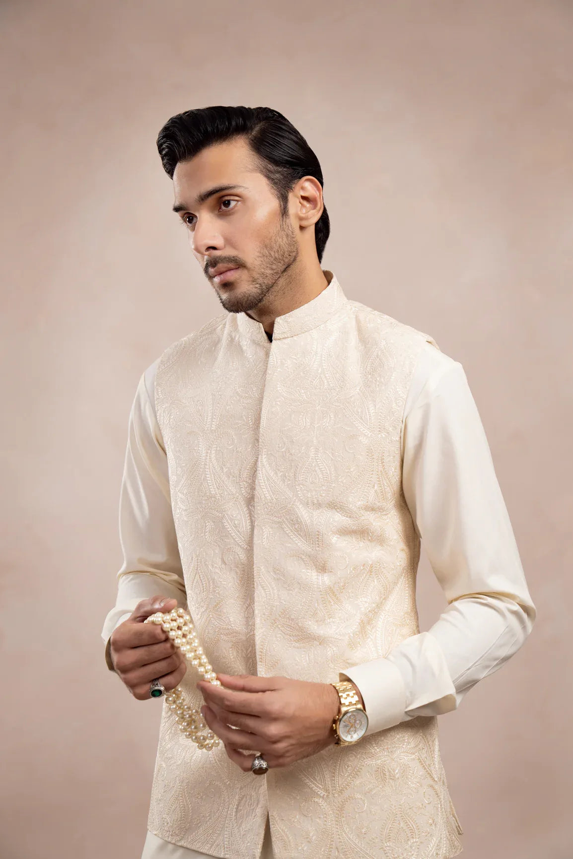 Bosky White Cross Stitched Embroidered Waistcoat - Men - Muraqsh -- Wedding Wear