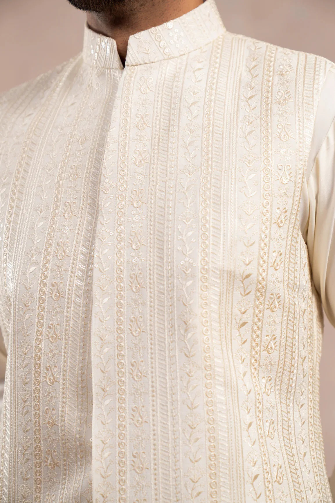 Bosky White Kurta Trouser with Falling Embroidered Waistcoat - 3PC - Men - Muraqsh -- Wedding Wear