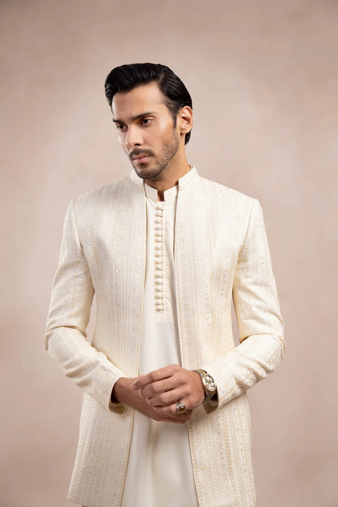 Bosky White Loop Kurta Trouser with Falling Embroidered Open Prince Coat - 3PC - Men - Muraqsh -- Wedding Wear