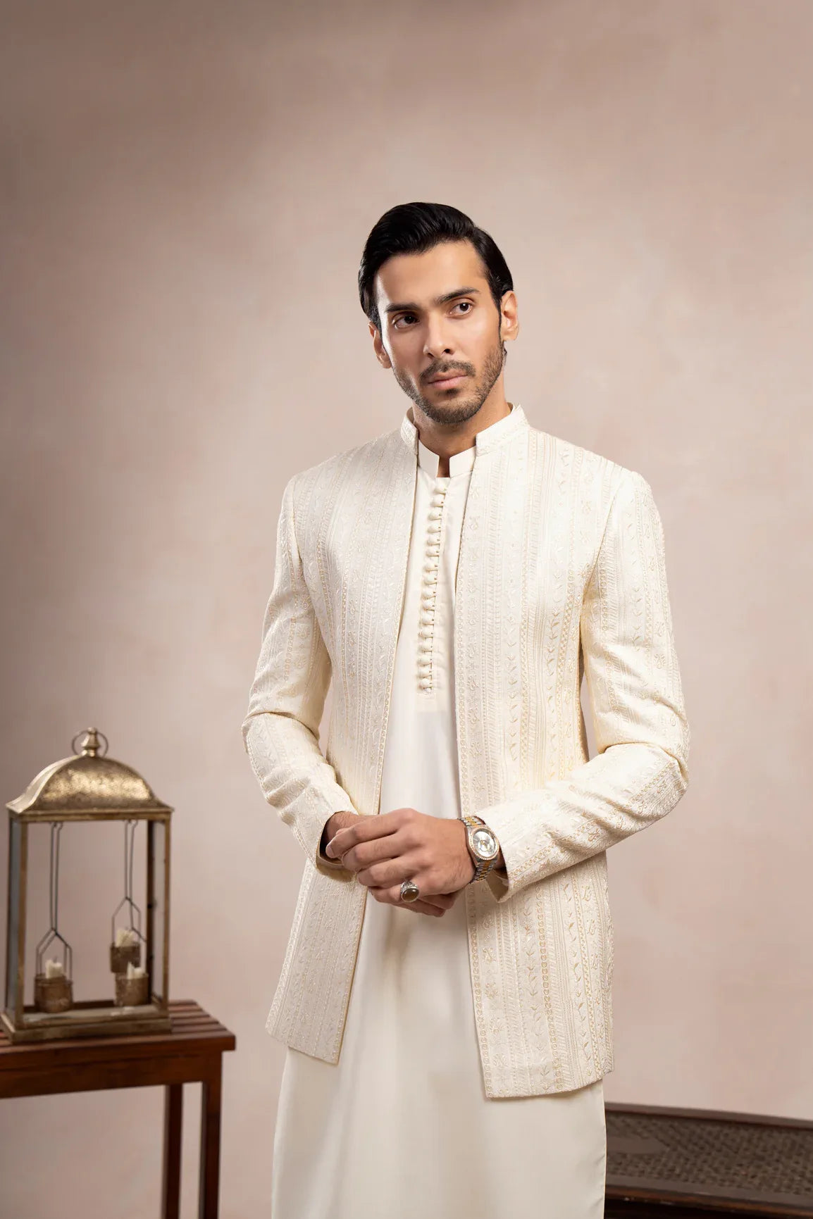 Bosky White Falling Embroidered Open Prince Coat - Men - Muraqsh -- Wedding Wear