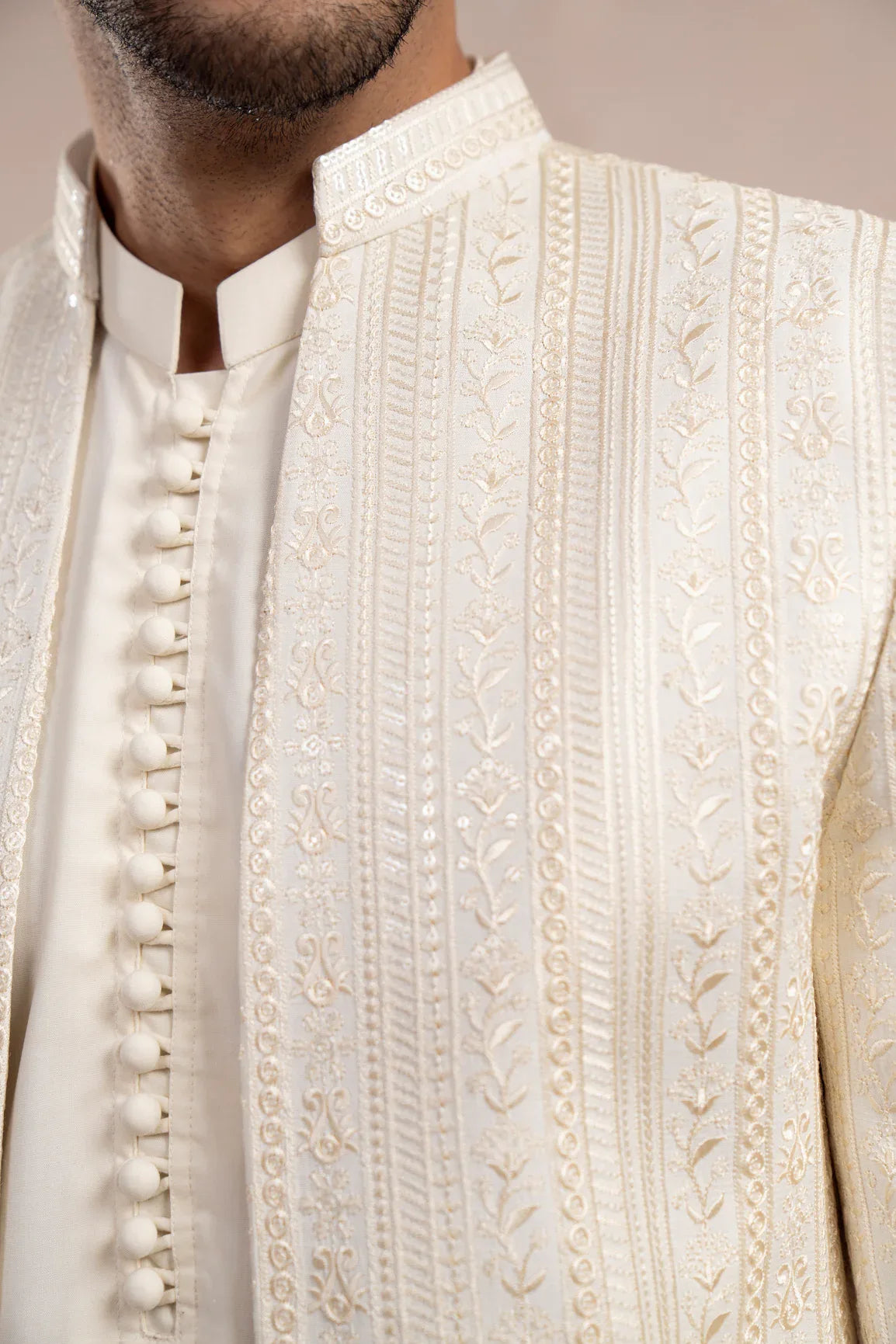 Bosky White Loop Kurta Trouser with Falling Embroidered Open Prince Coat - 3PC - Men - Muraqsh -- Wedding Wear