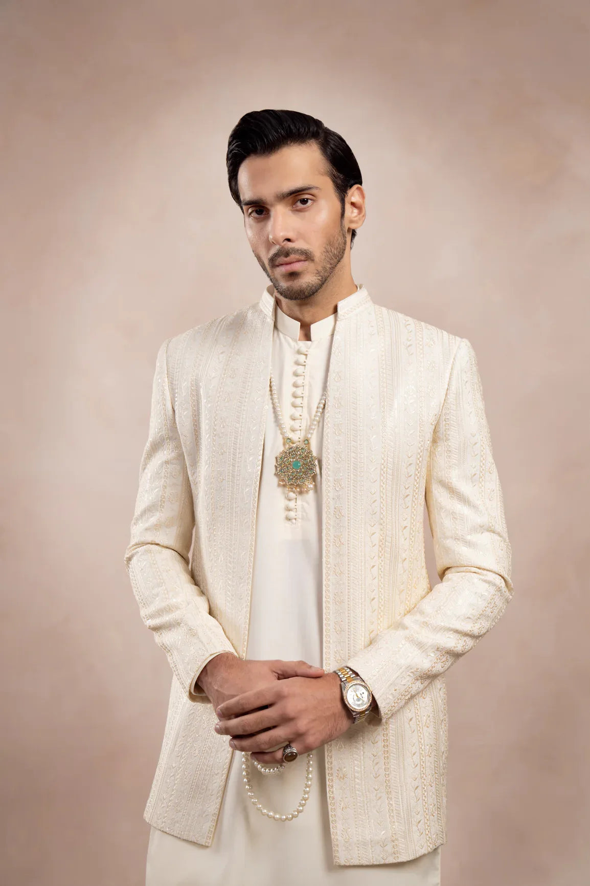 Bosky White Loop Kurta Trouser with Falling Embroidered Open Prince Coat - 3PC - Men - Muraqsh -- Wedding Wear