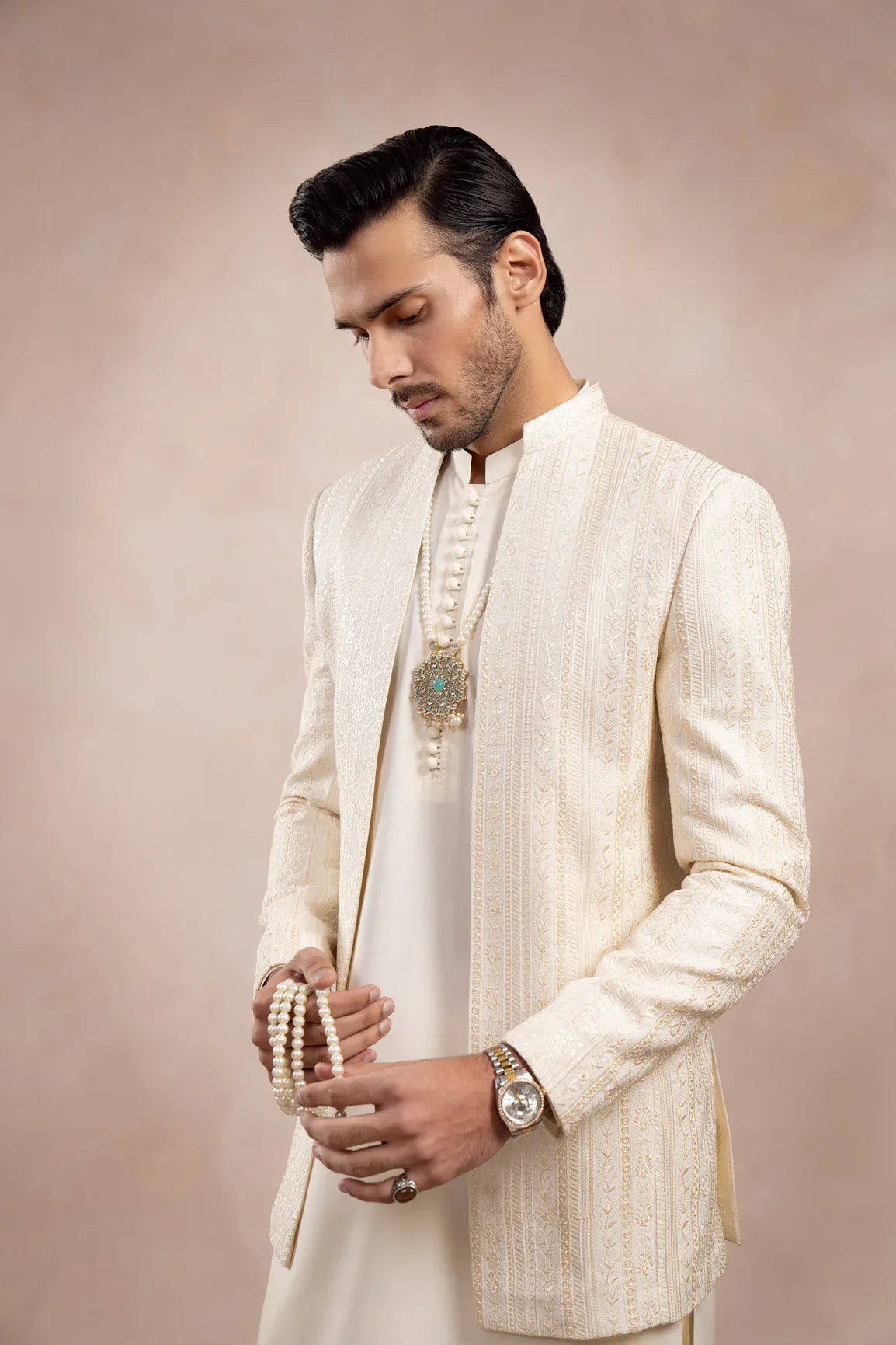 Bosky White Loop Kurta Trouser with Falling Embroidered Open Prince Coat - 3PC - Men - Muraqsh -- Wedding Wear