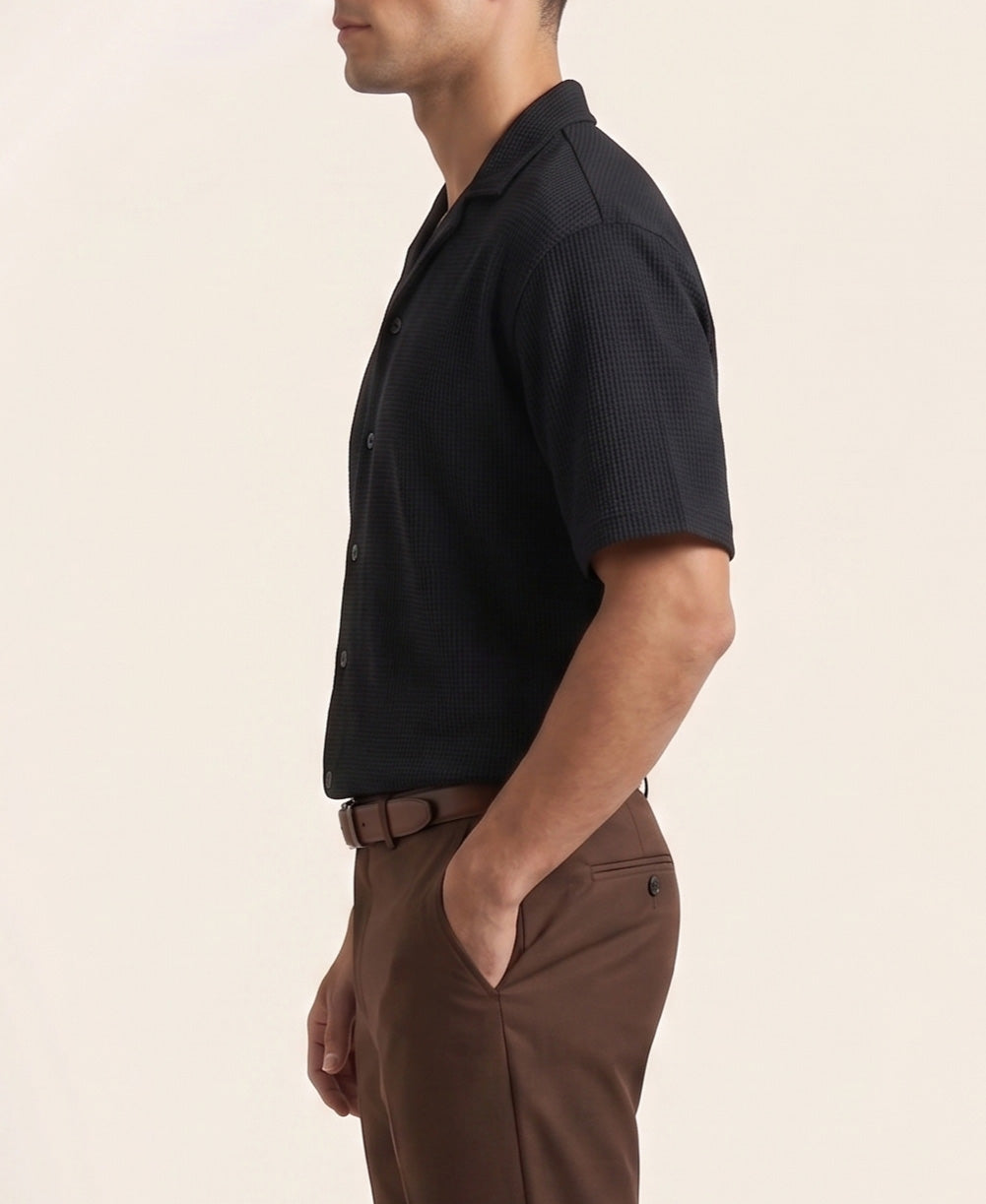 Black Waffle Boxy Revere Button Down - Men - Men
