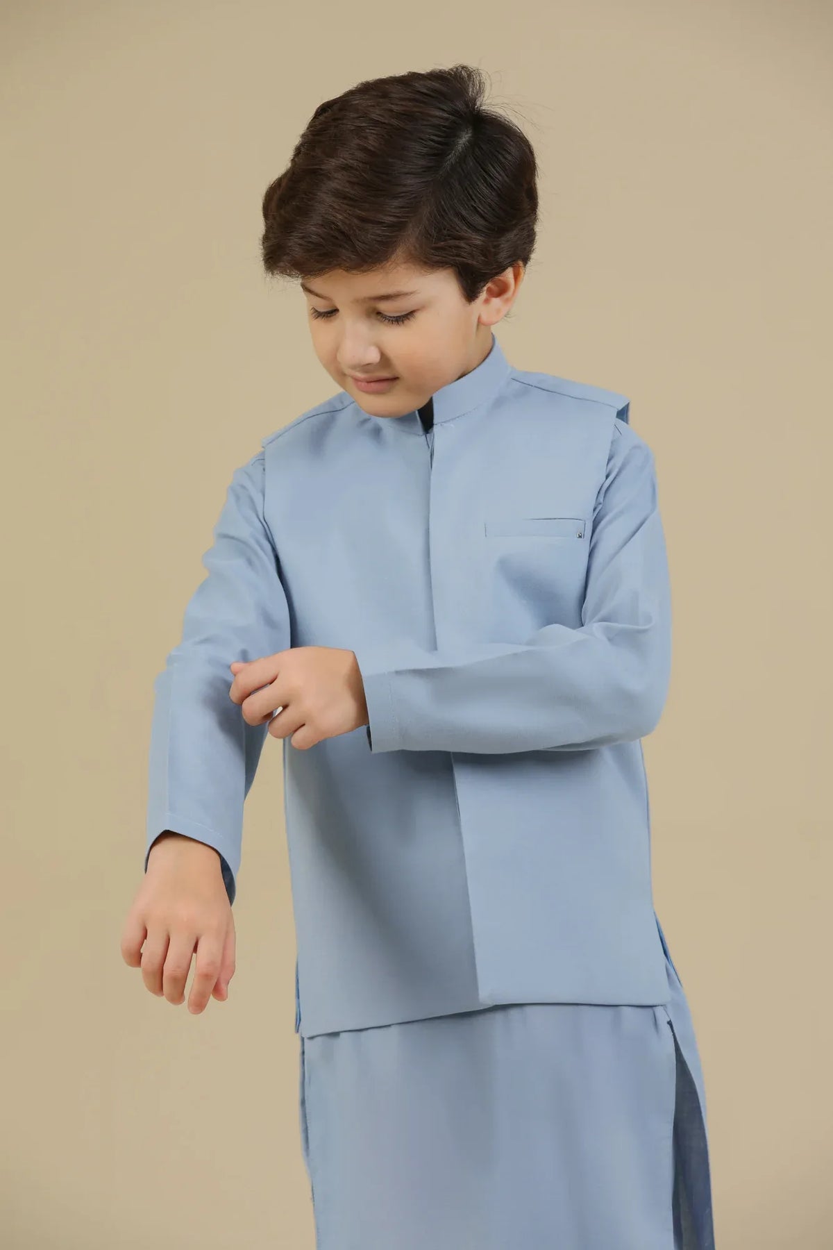 Sapphire Blue Kurta Trouser with Blended Waistcoat - Kids - Muraqsh -- Kidswear