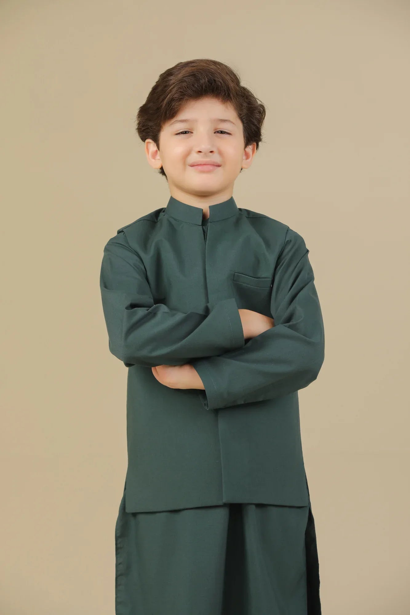 Bottle Green Kurta Trouser with Blended Waistcoat - Kids - Muraqsh -- Kidswear