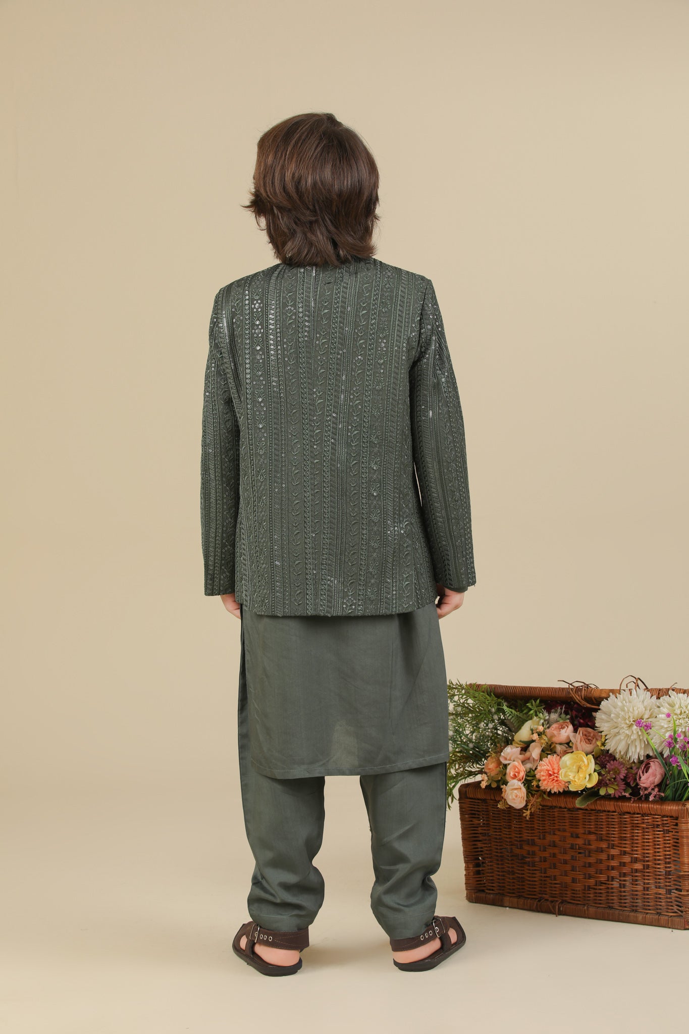 Olive Green Falling Embroidered Prince Coat - Kids - Men