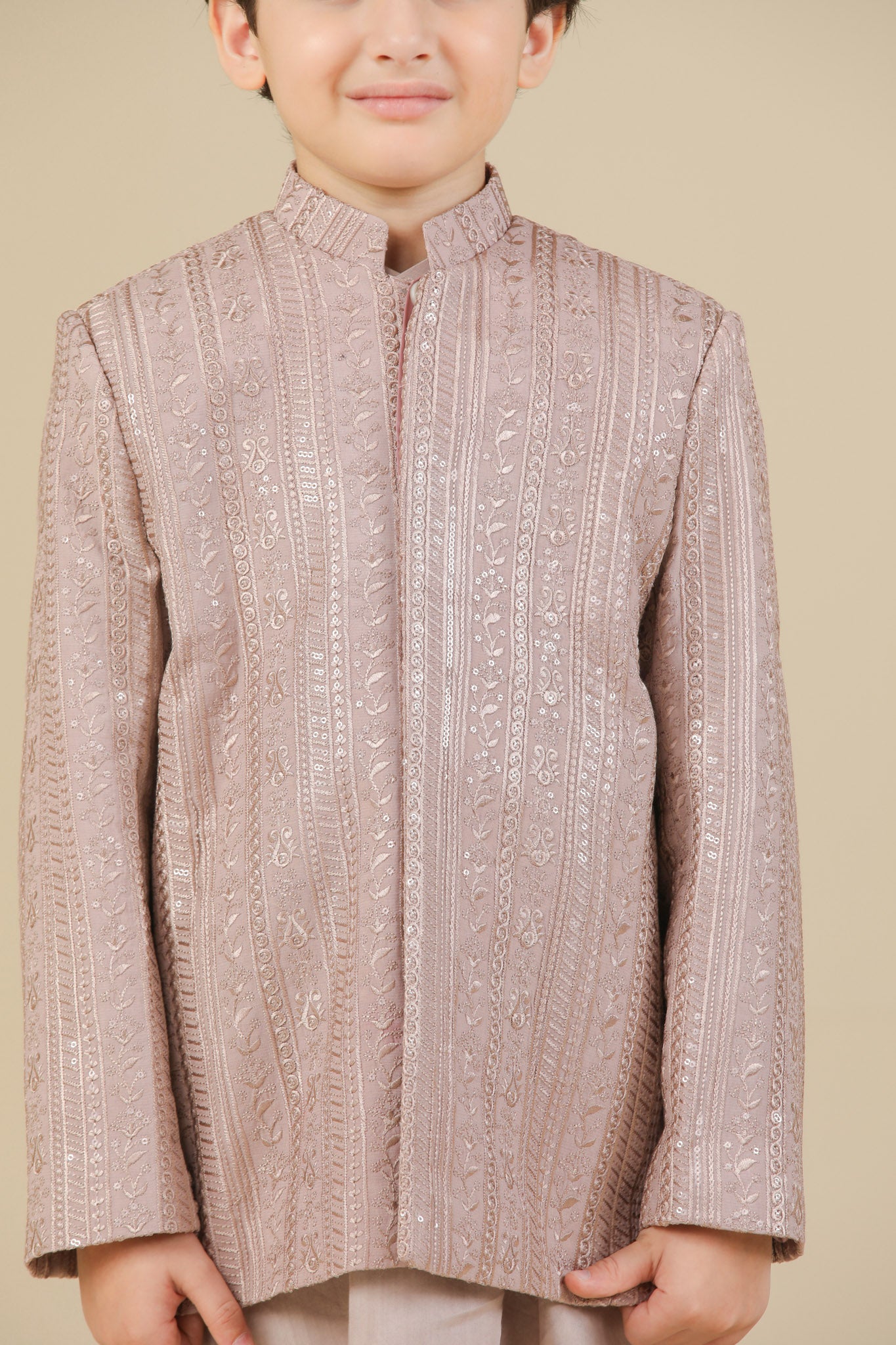 Pink Kurta Trouser with Falling Embroidered Prince Coat - 3PC - Kids - Men